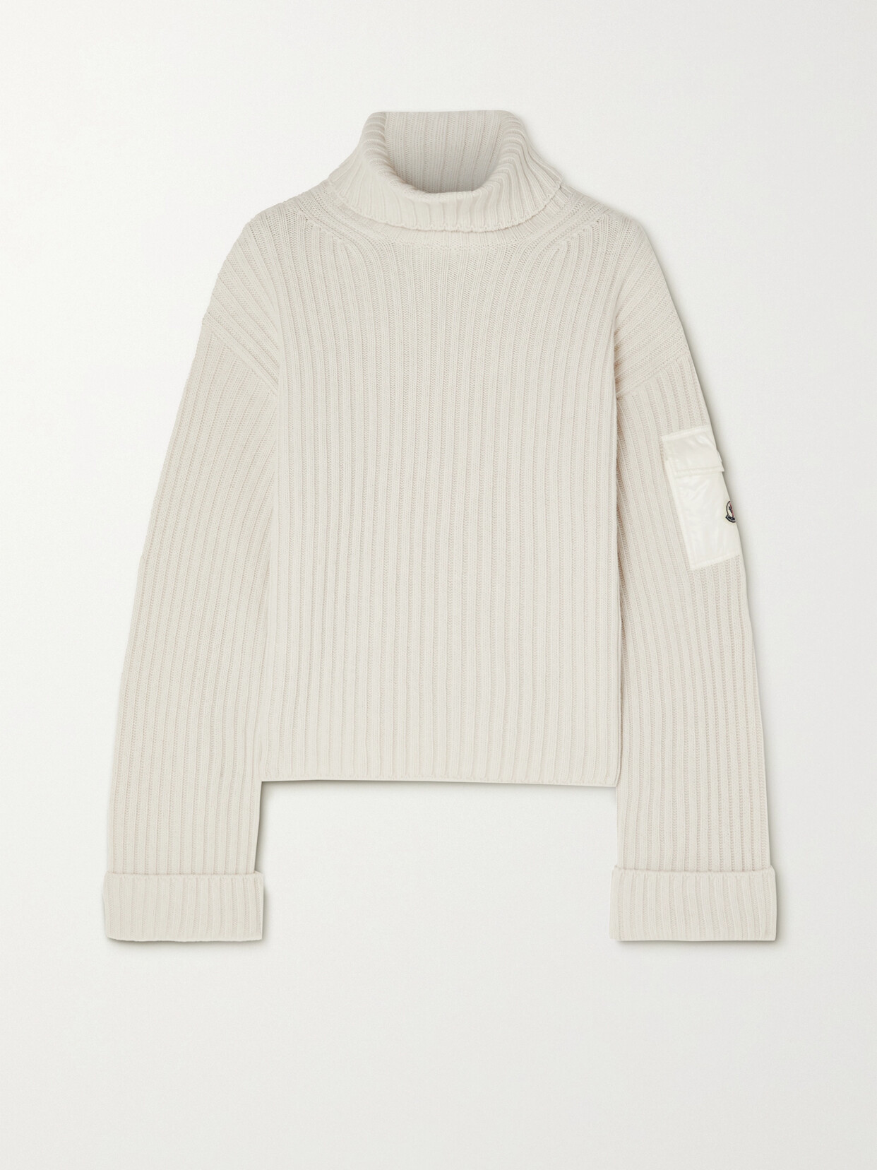 Shop Moncler Shell-trimmed Ribbed Wool Turtleneck Sweater In White