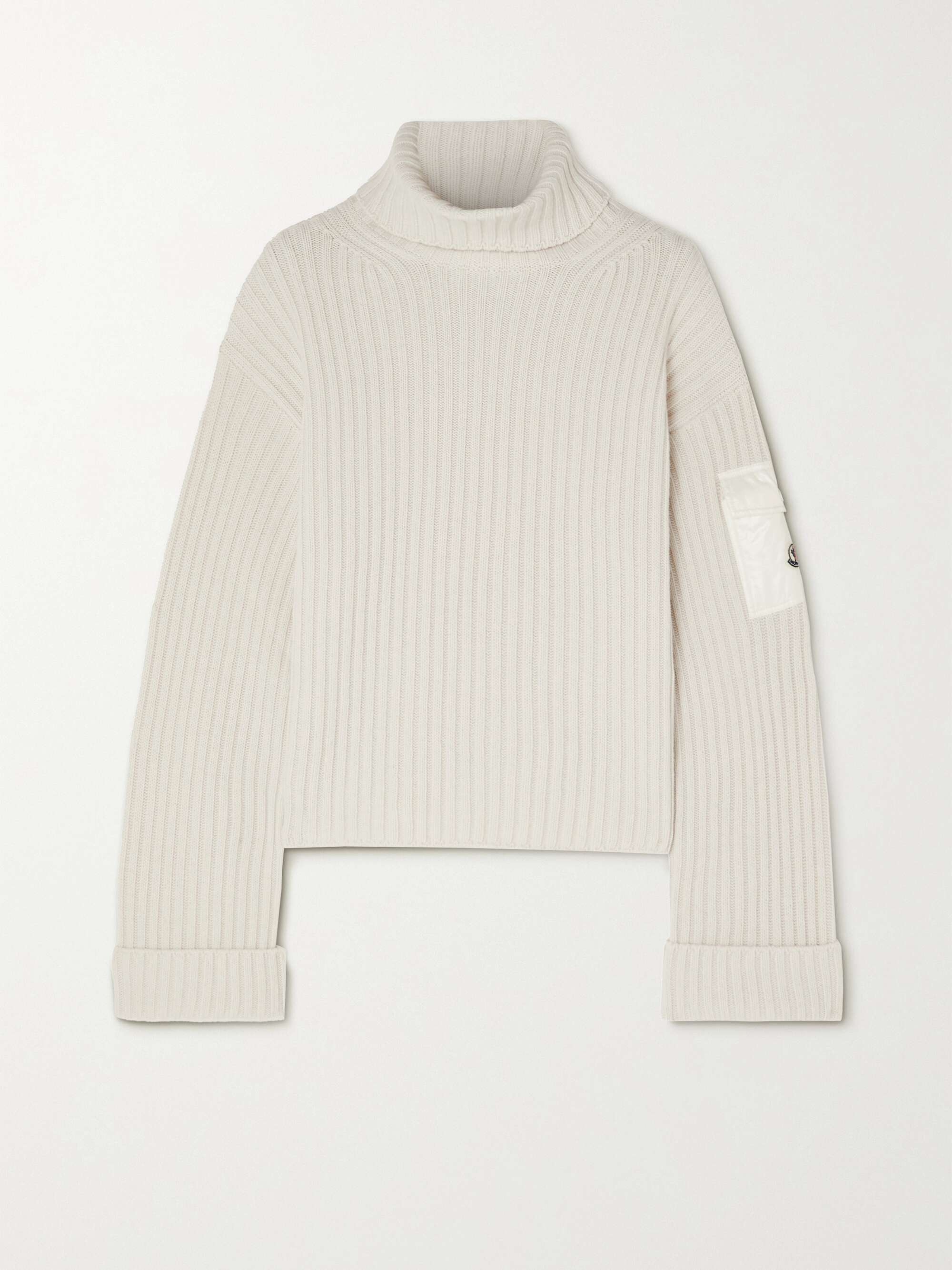 MONCLER Shell-trimmed ribbed wool turtleneck sweater