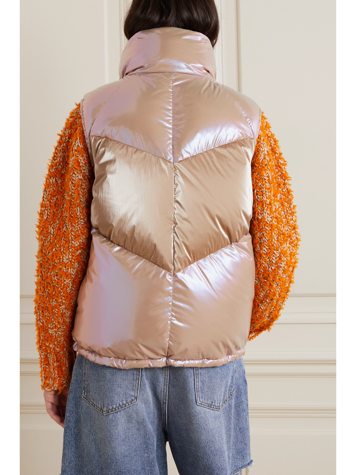 Moncler Faucille Quilted Metallic Shell Down Vest In Pink