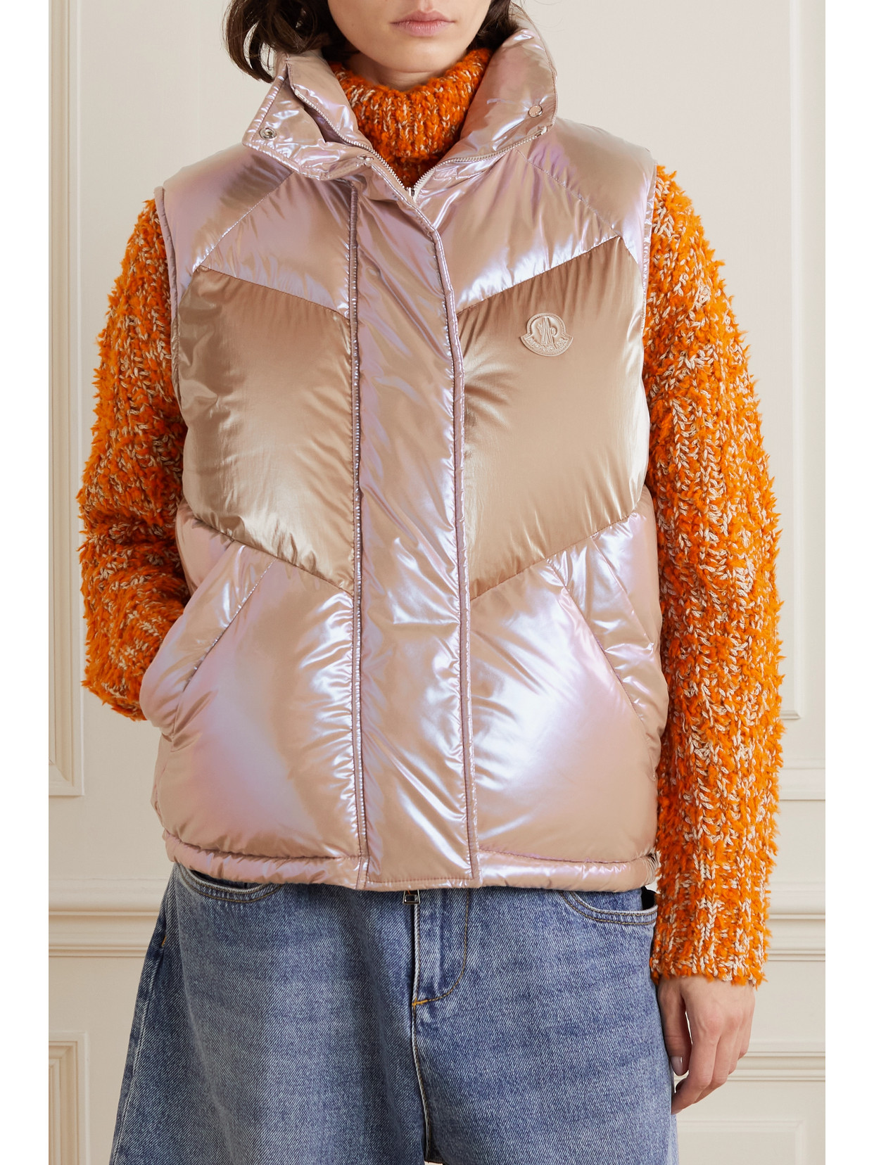 Shop Moncler Faucille Quilted Metallic Shell Down Vest In Pink