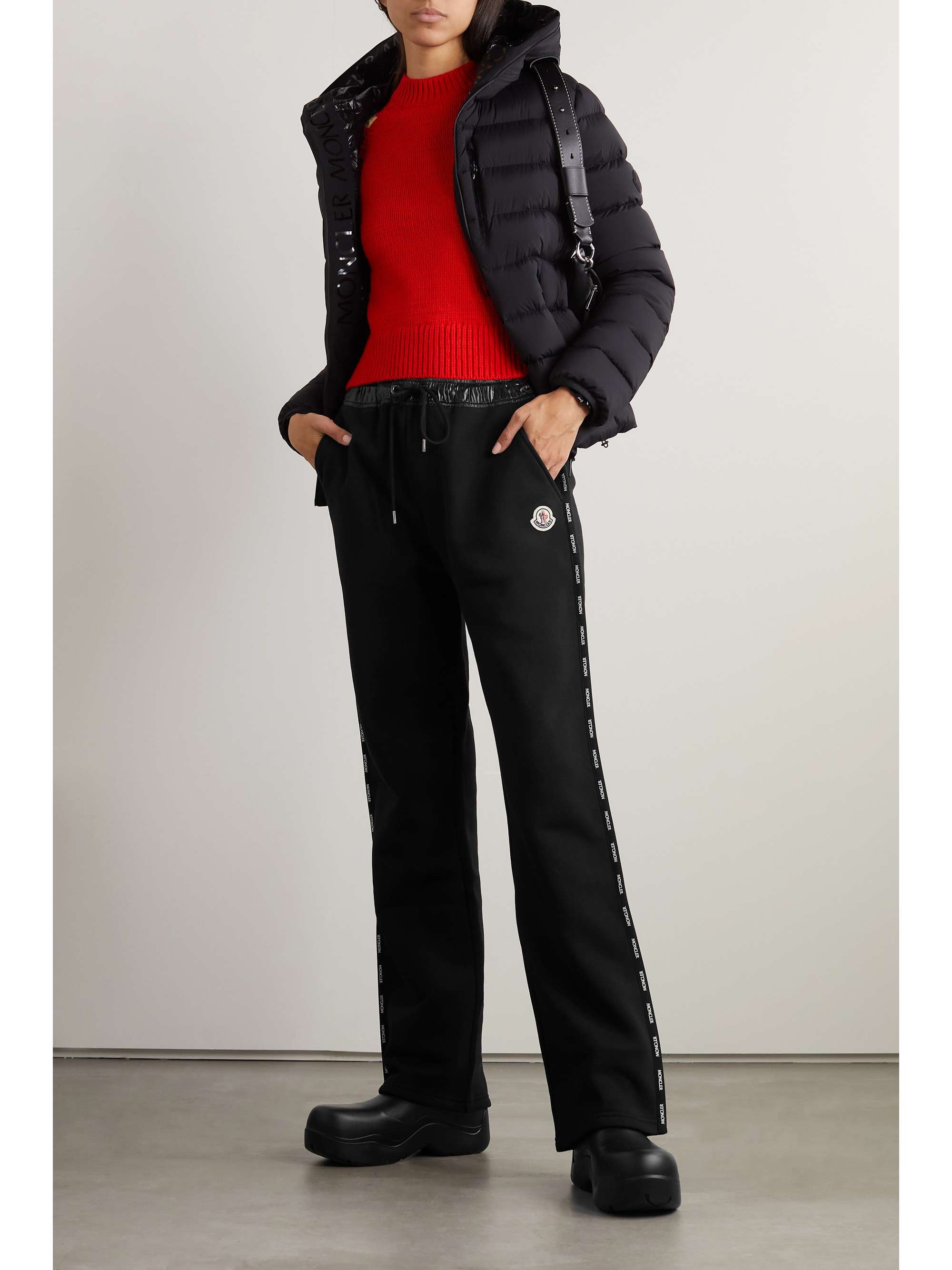 MONCLER Appliquéd shell-trimmed cotton-jersey sweatpants