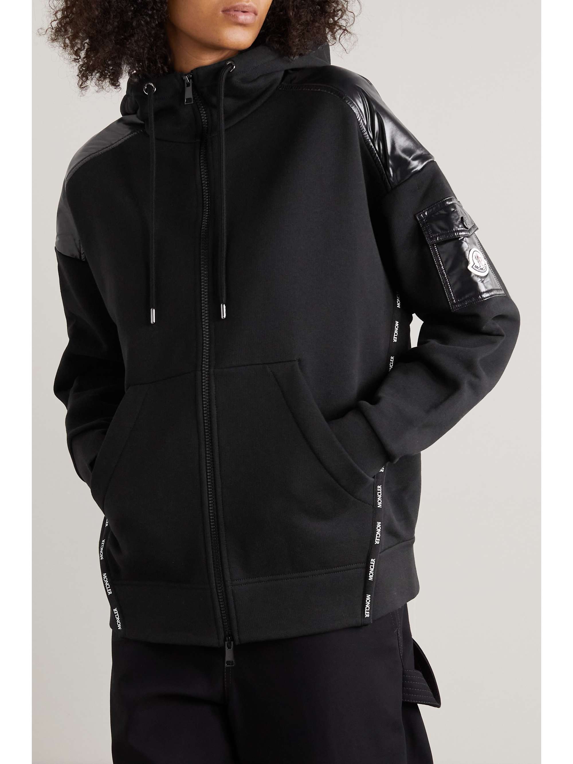MONCLER Glossed-shell trimmed cotton-jersey hoodie