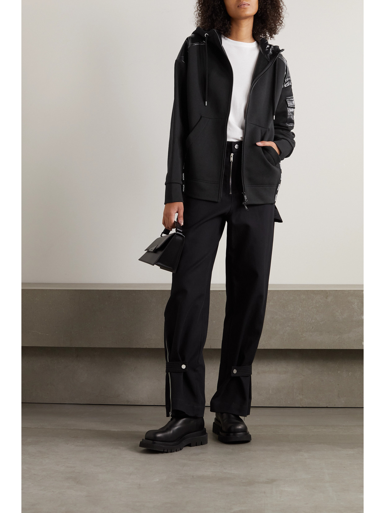 Moncler Glossed-shell Trimmed Cotton-jersey Hoodie In Black