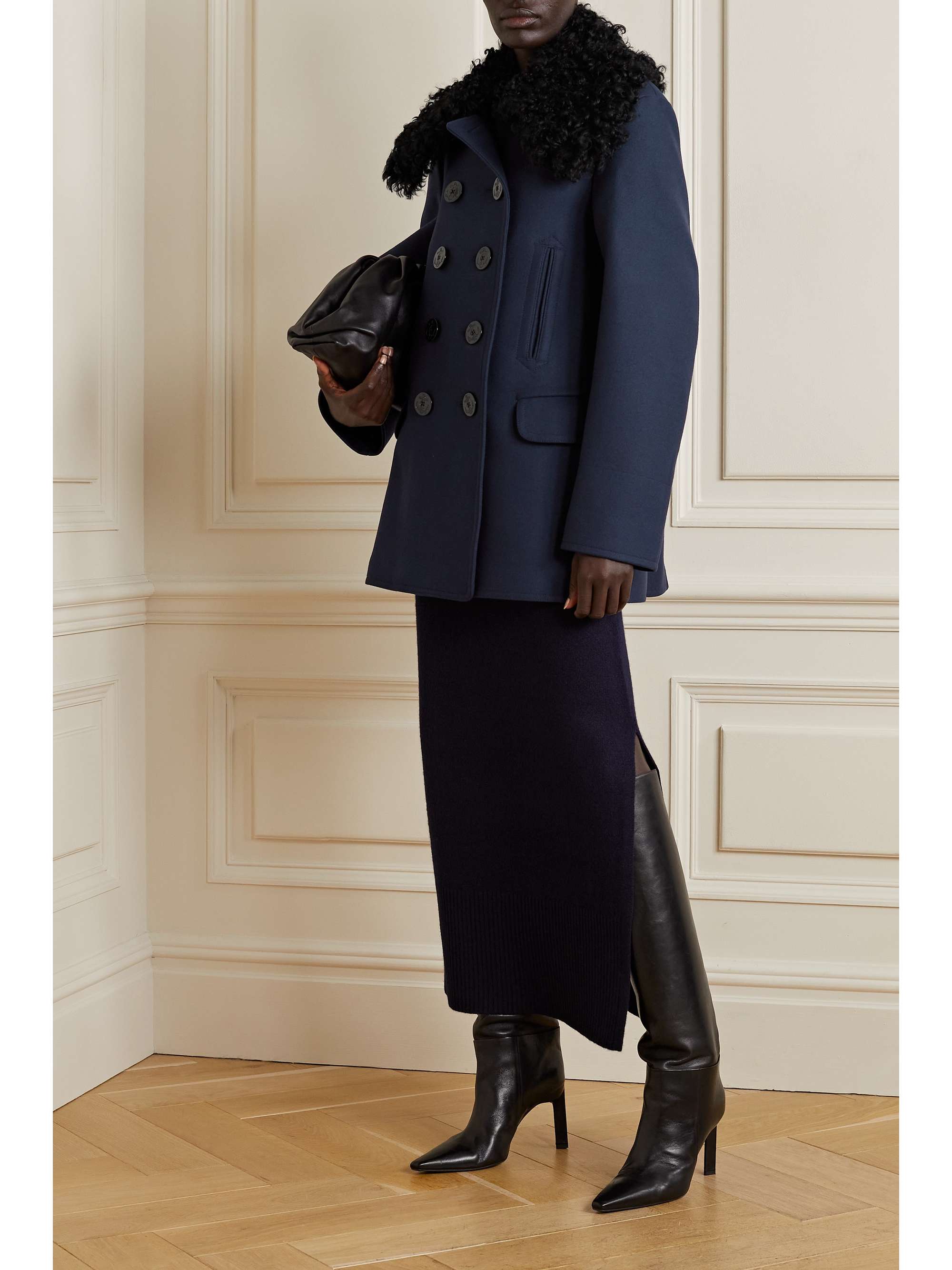 Mimir double breasted shearling trimmed wool blend coat
