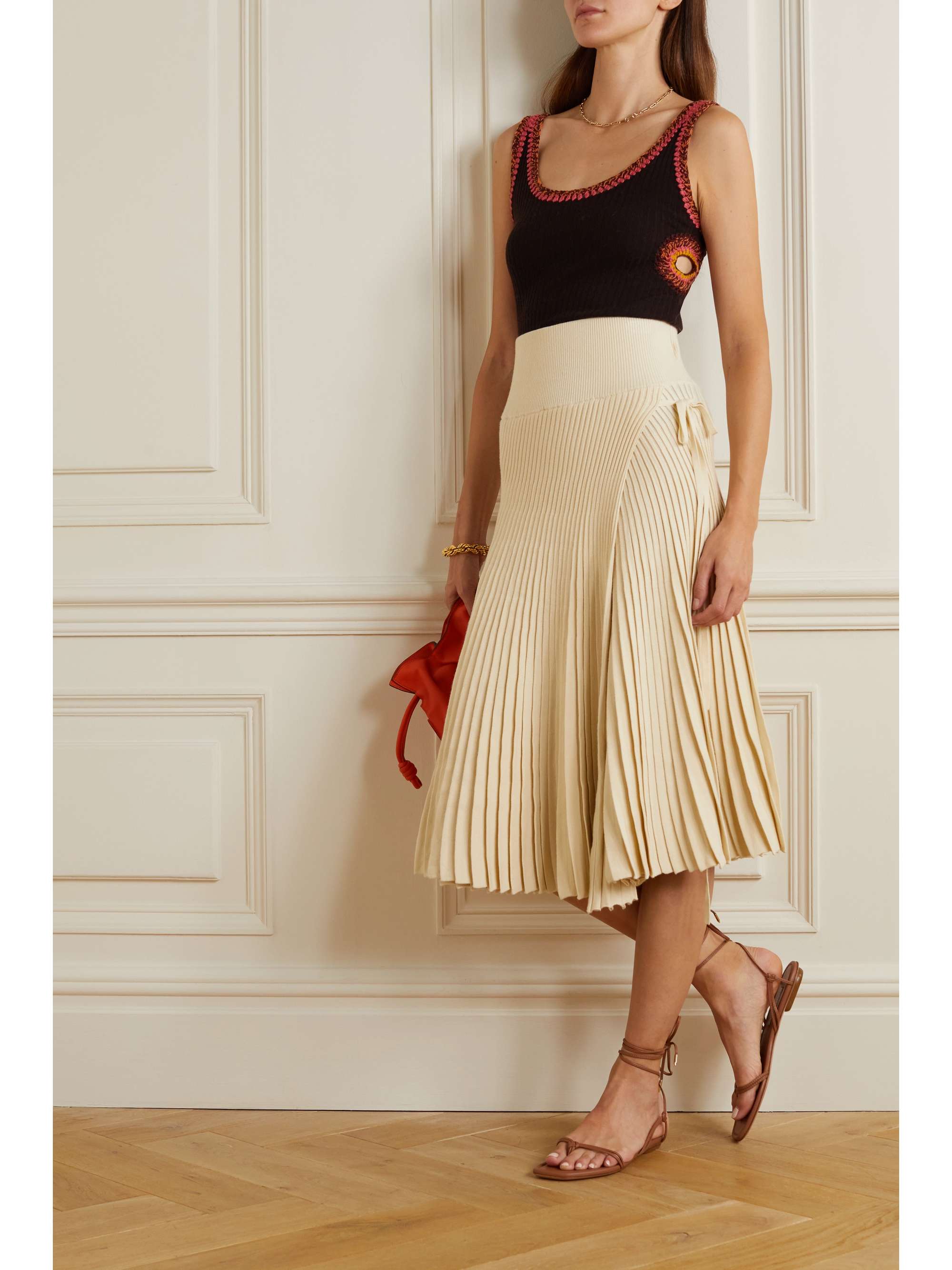 ALTUZARRA Rozey tie-detailed ribbed stretch-knit midi skirt