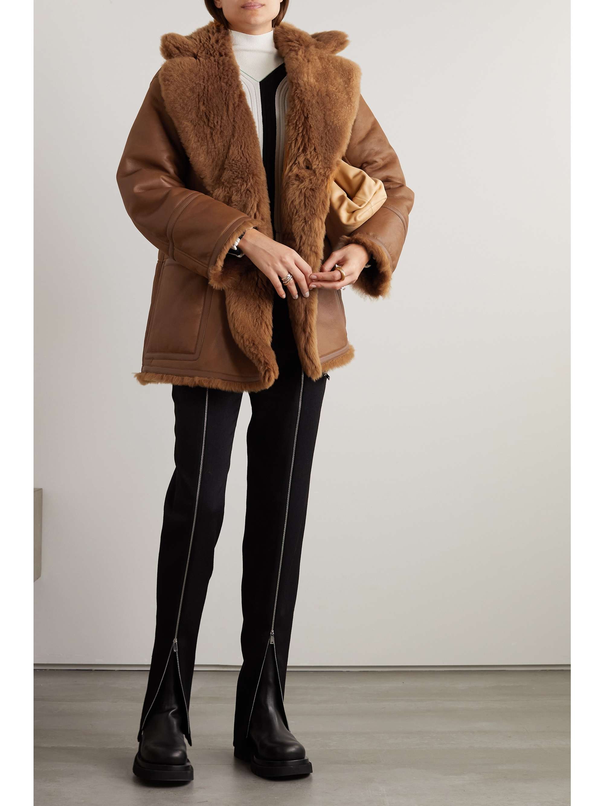 LORO PIANA Double-breasted reversible shearling and leather coat