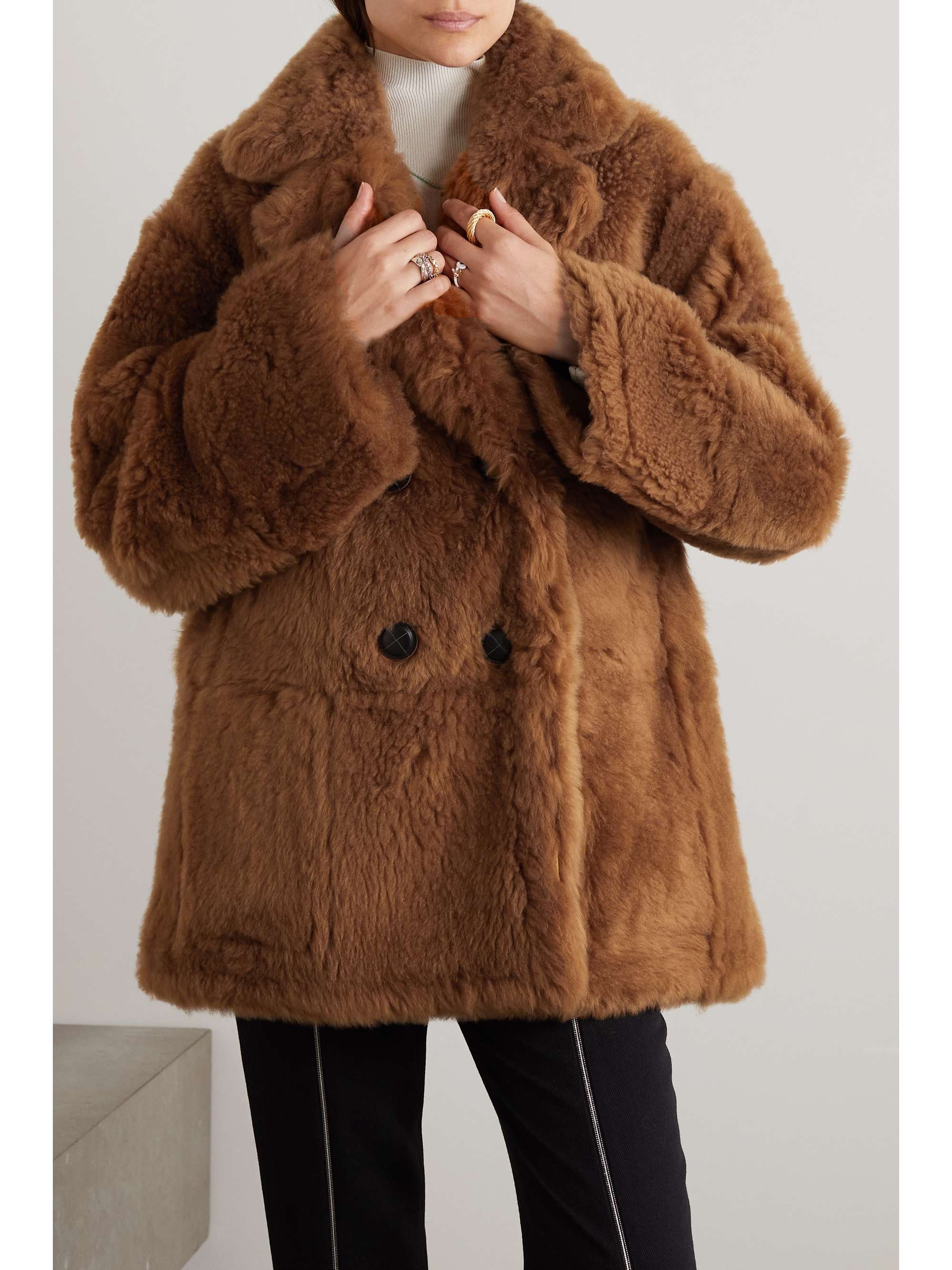 LORO PIANA Double-breasted reversible shearling and leather coat