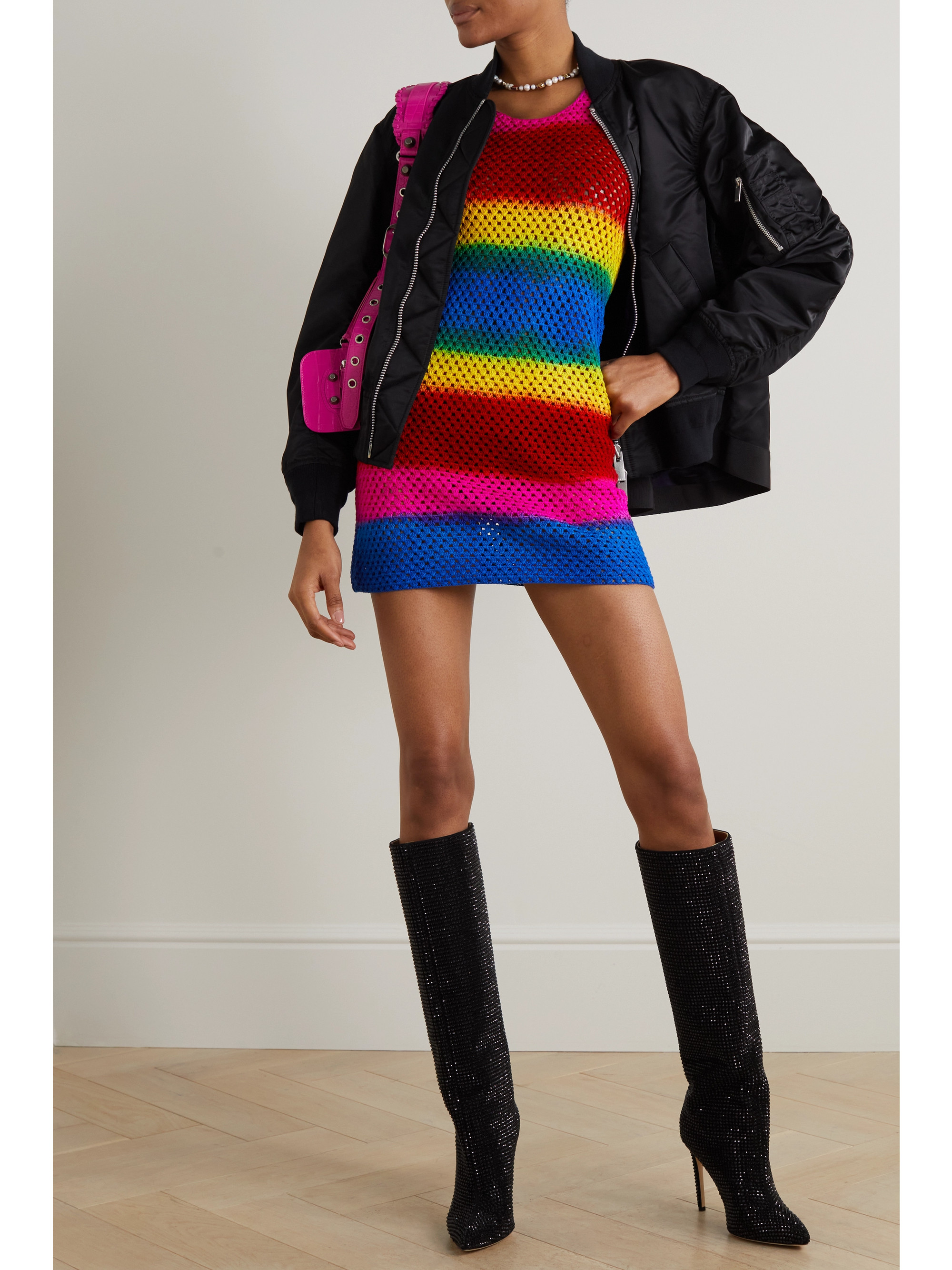 AGR Striped open-knit cotton mini dress