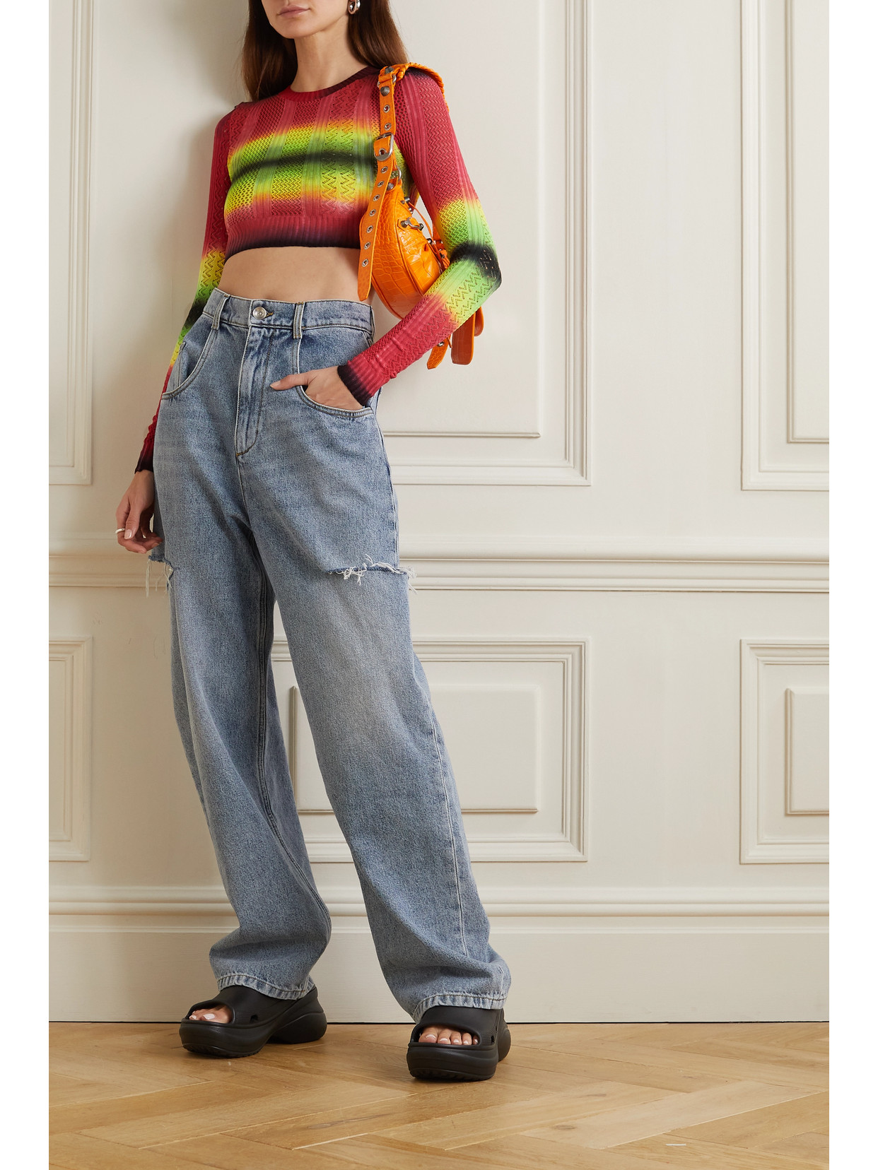 Cropped Ombré Pointelle-Knit Sweater