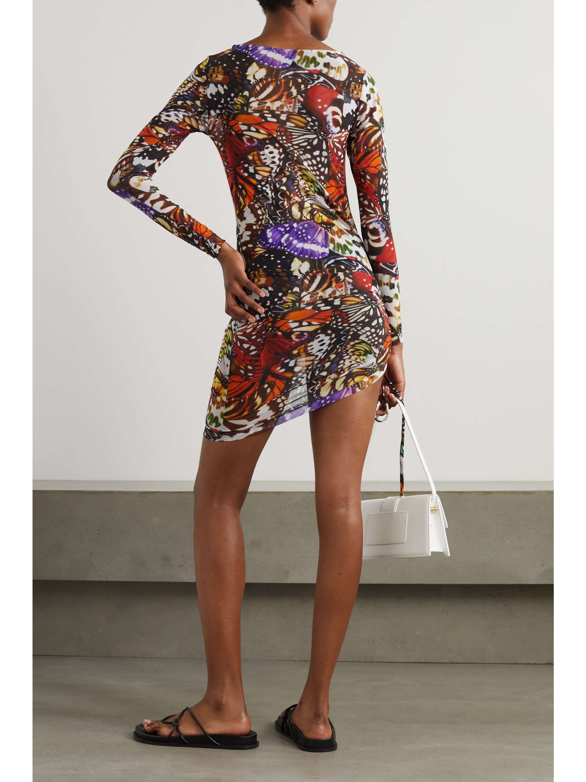 LESLIE AMON Ruched printed stretch-mesh mini dress