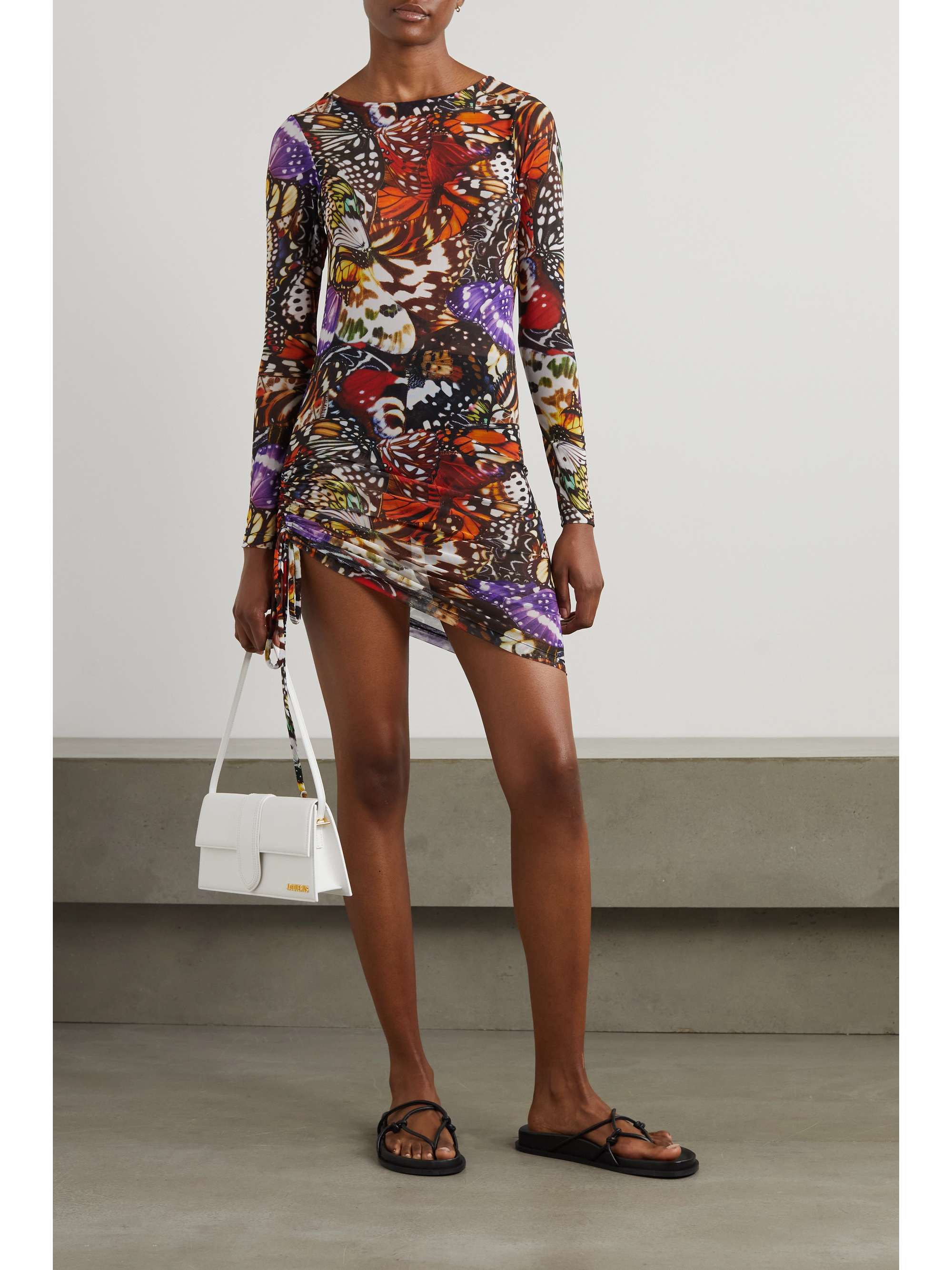 LESLIE AMON Ruched printed stretch-mesh mini dress