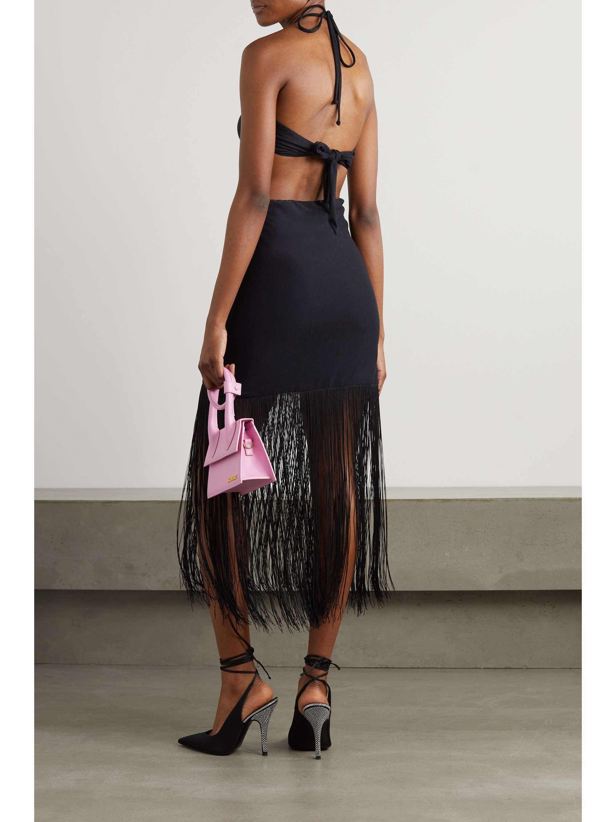 LESLIE AMON Sol cutout fringed stretch-jersey halterneck midi dress