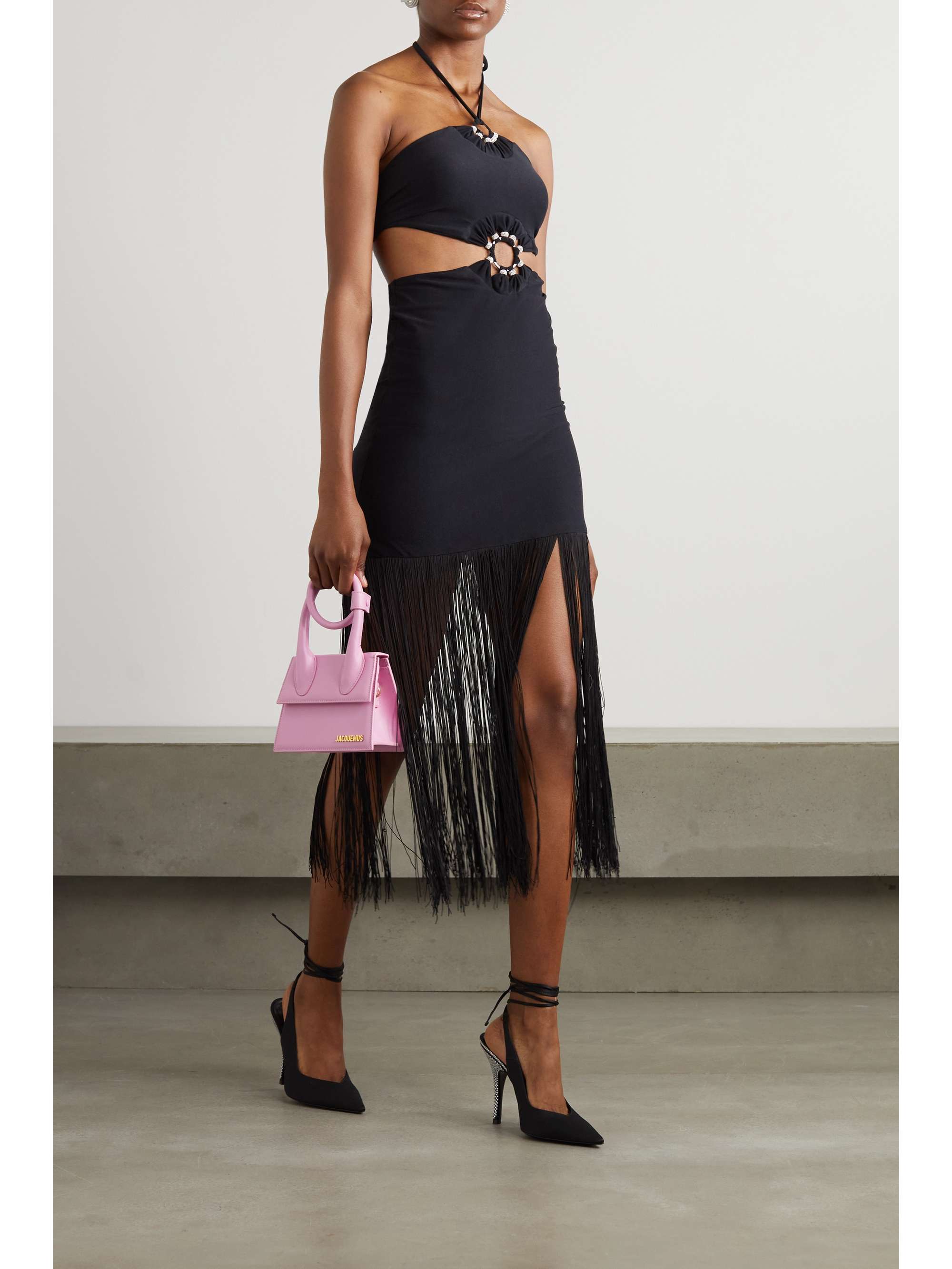 LESLIE AMON Sol cutout fringed stretch-jersey halterneck midi dress