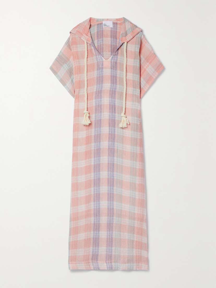 Lisa Marie Fernandez Hooded Checked Linen-blend Gauze Kaftan