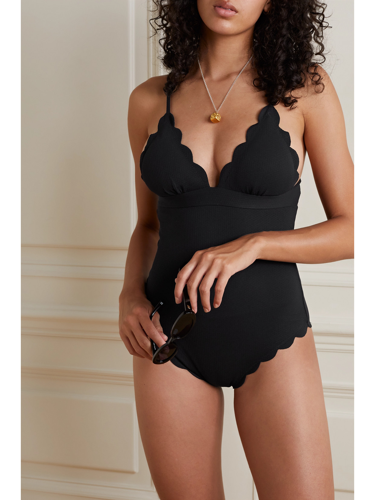 Shop Marysia + Net Sustain Santa Clara Maillot Scalloped Stretch Recycled-crepe Swimsuit In Black