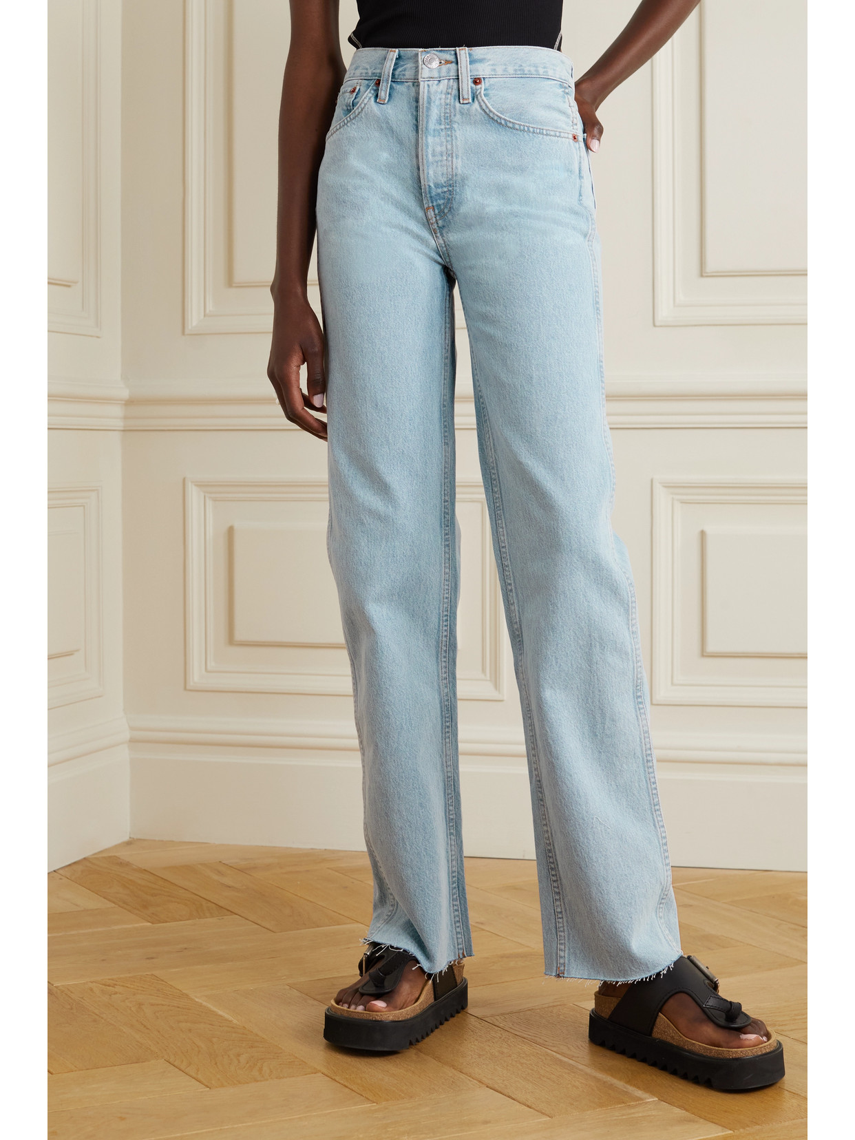 国際ブランド】 リダン レディース デニムパンツ ジーンズ ボトムス Brand-patch high-rise boot-leg jeans  CRYSTAL BLUE