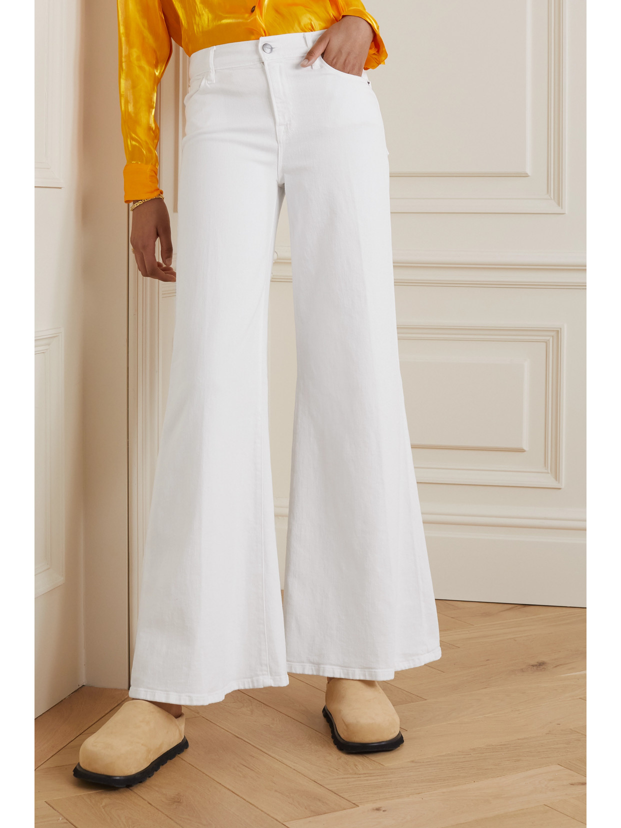 Shop Frame Le Palazzo High-rise Wide-leg Jeans In White