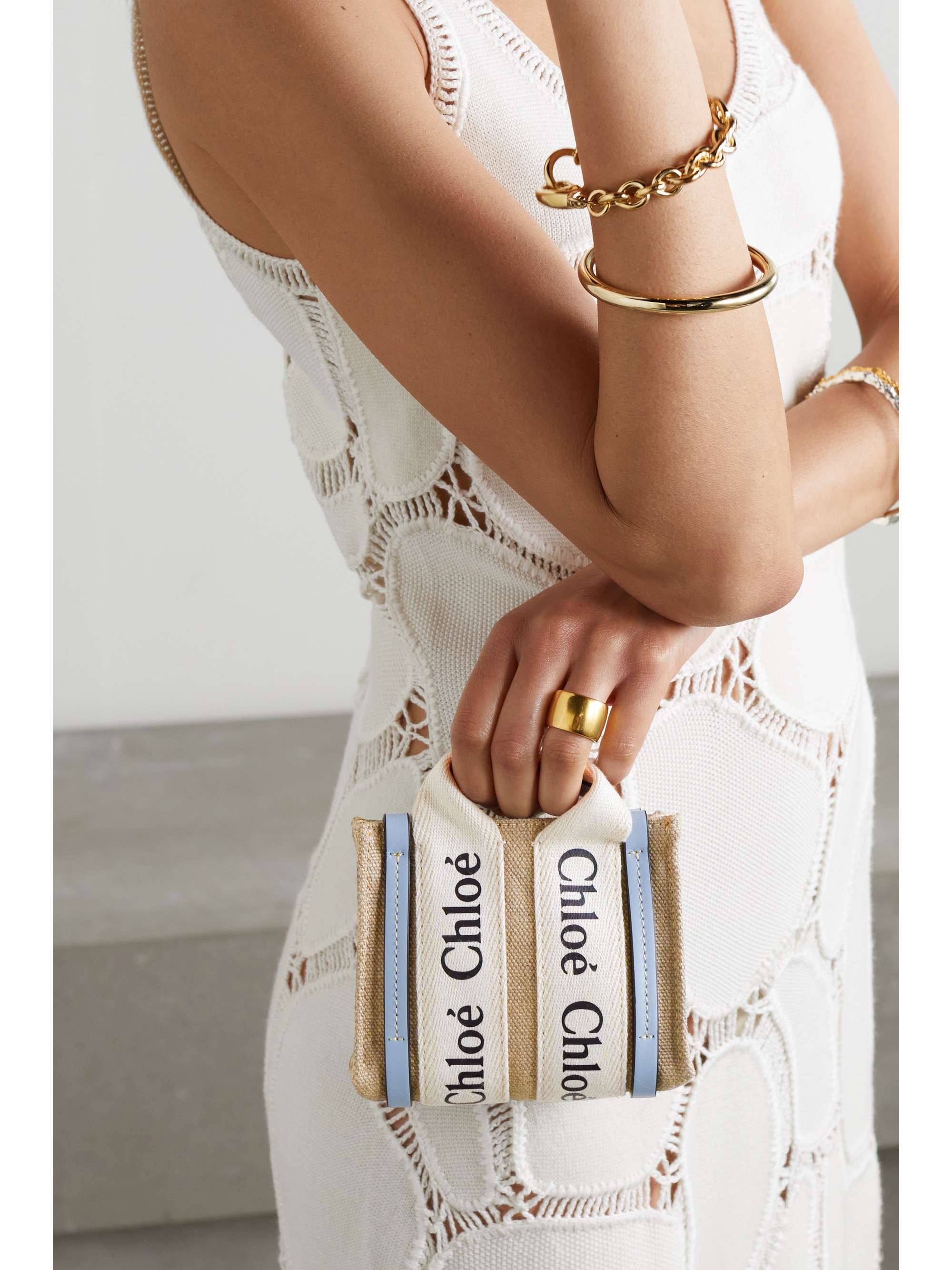 CHLOÉ Woody nano leather-trimmed cotton-canvas tote