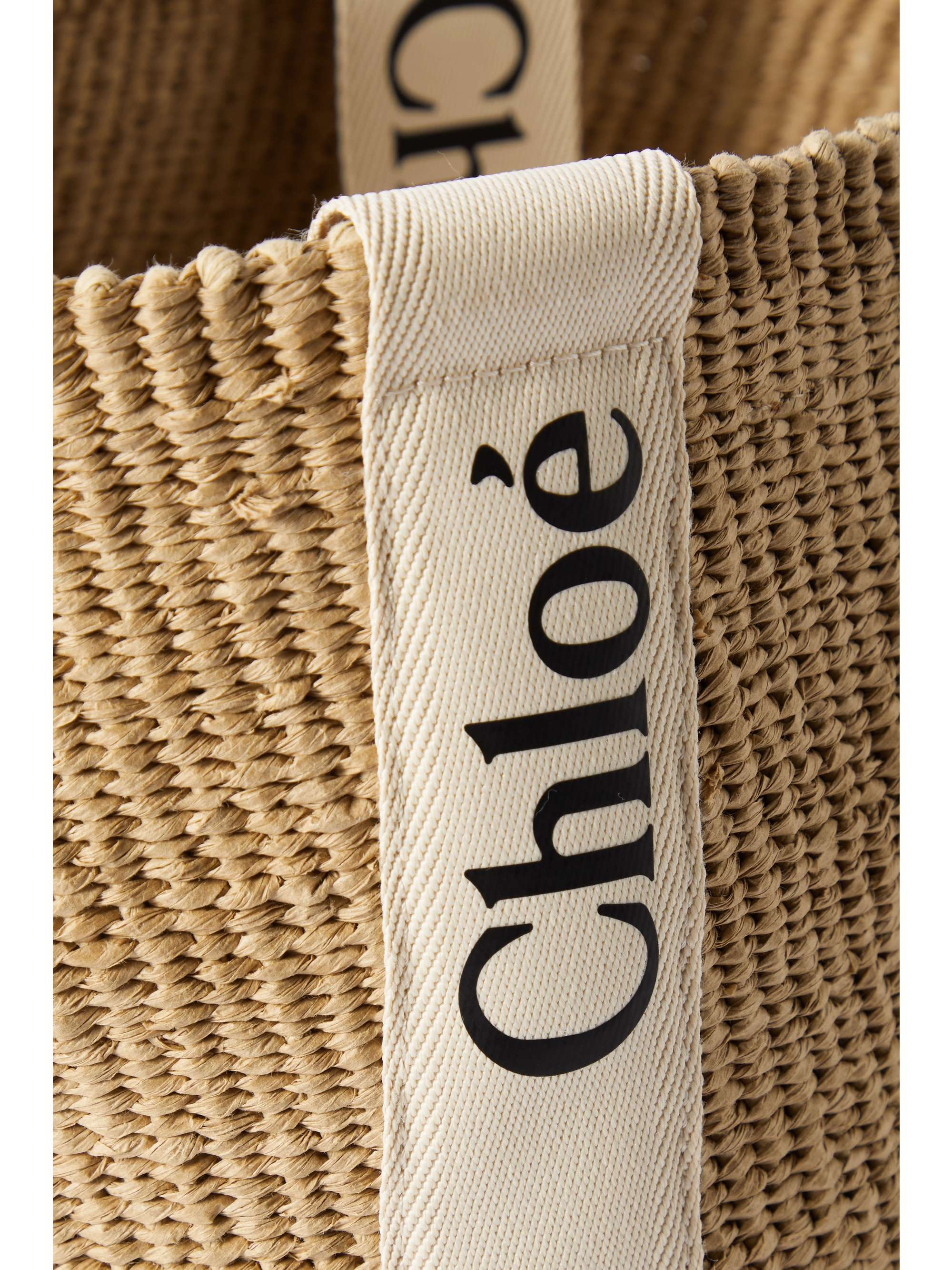 CHLOÉ Woody ラージ レザートリム ラフィア トートバッグ