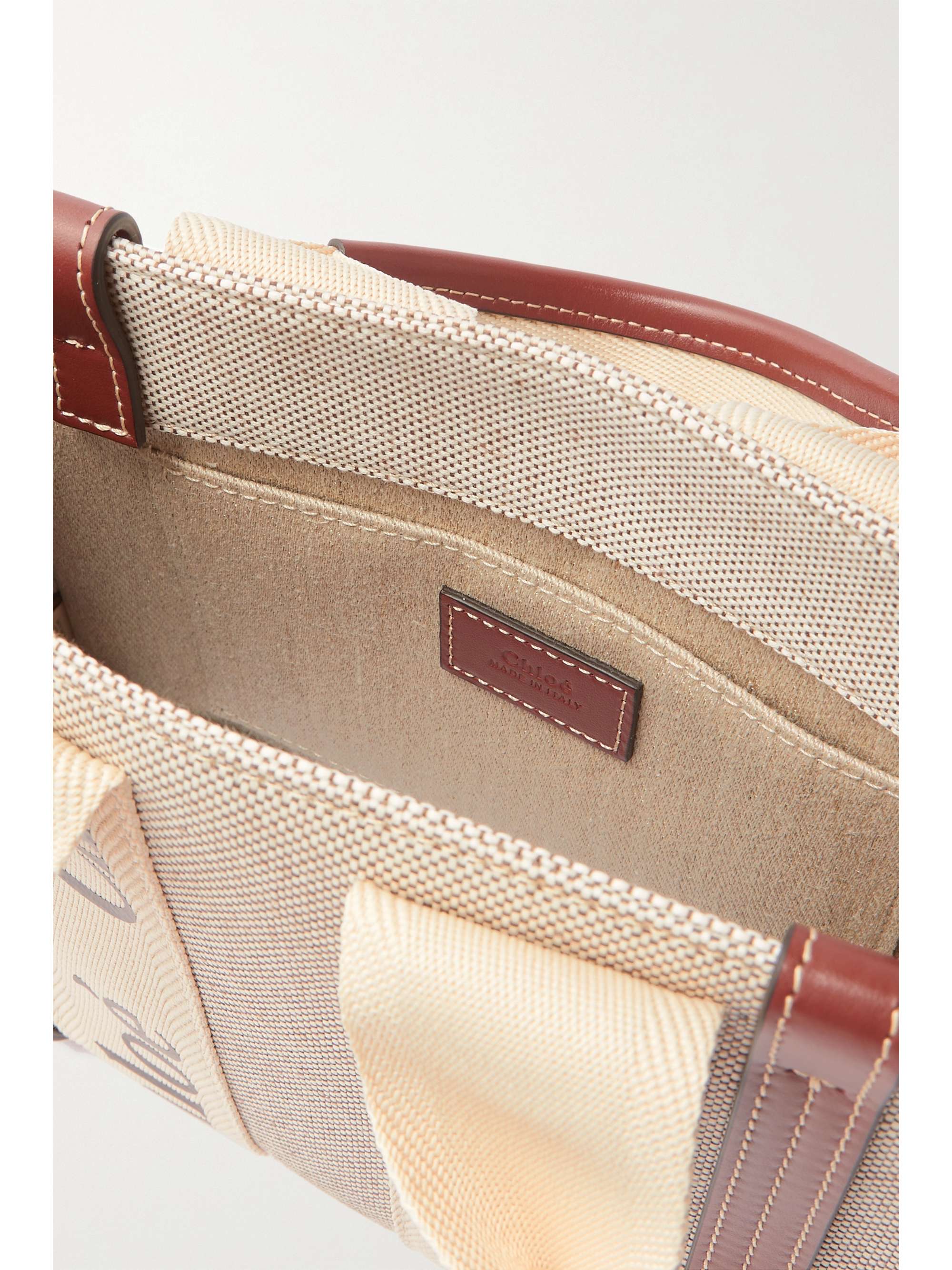 CHLOÉ + NET SUSTAIN Woody small embroidered leather-trimmed linen tote