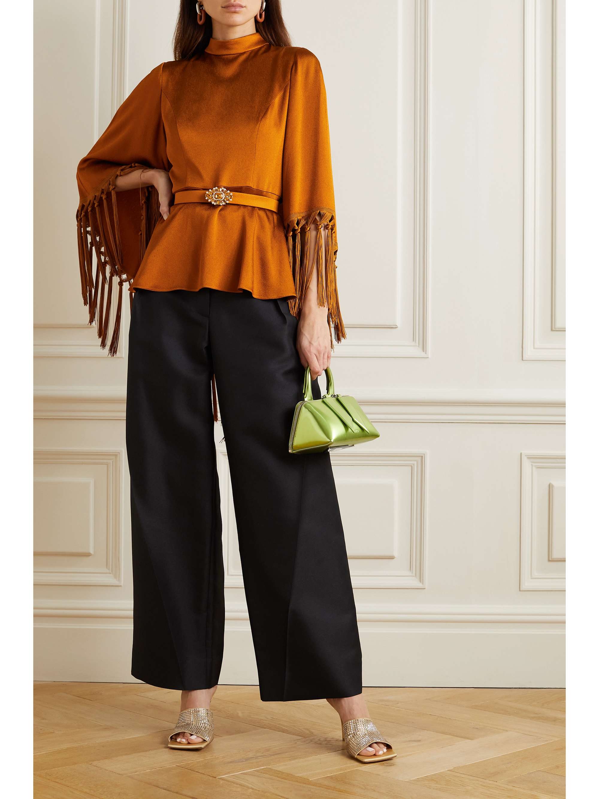 ANDREW GN Cape-effect belted tasseled hammered-satin blouse