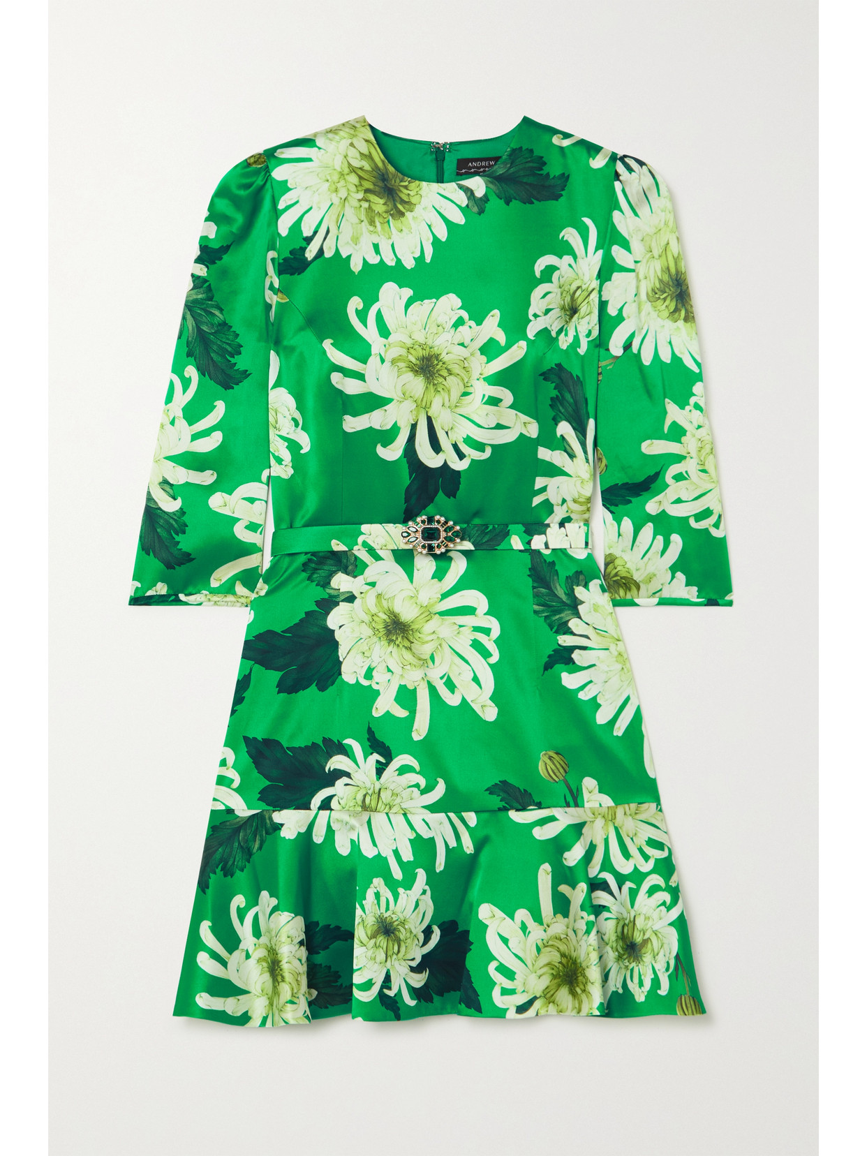 Andrew Gn - Embellished Belted Floral-print Silk-satin Mini Dress - Green