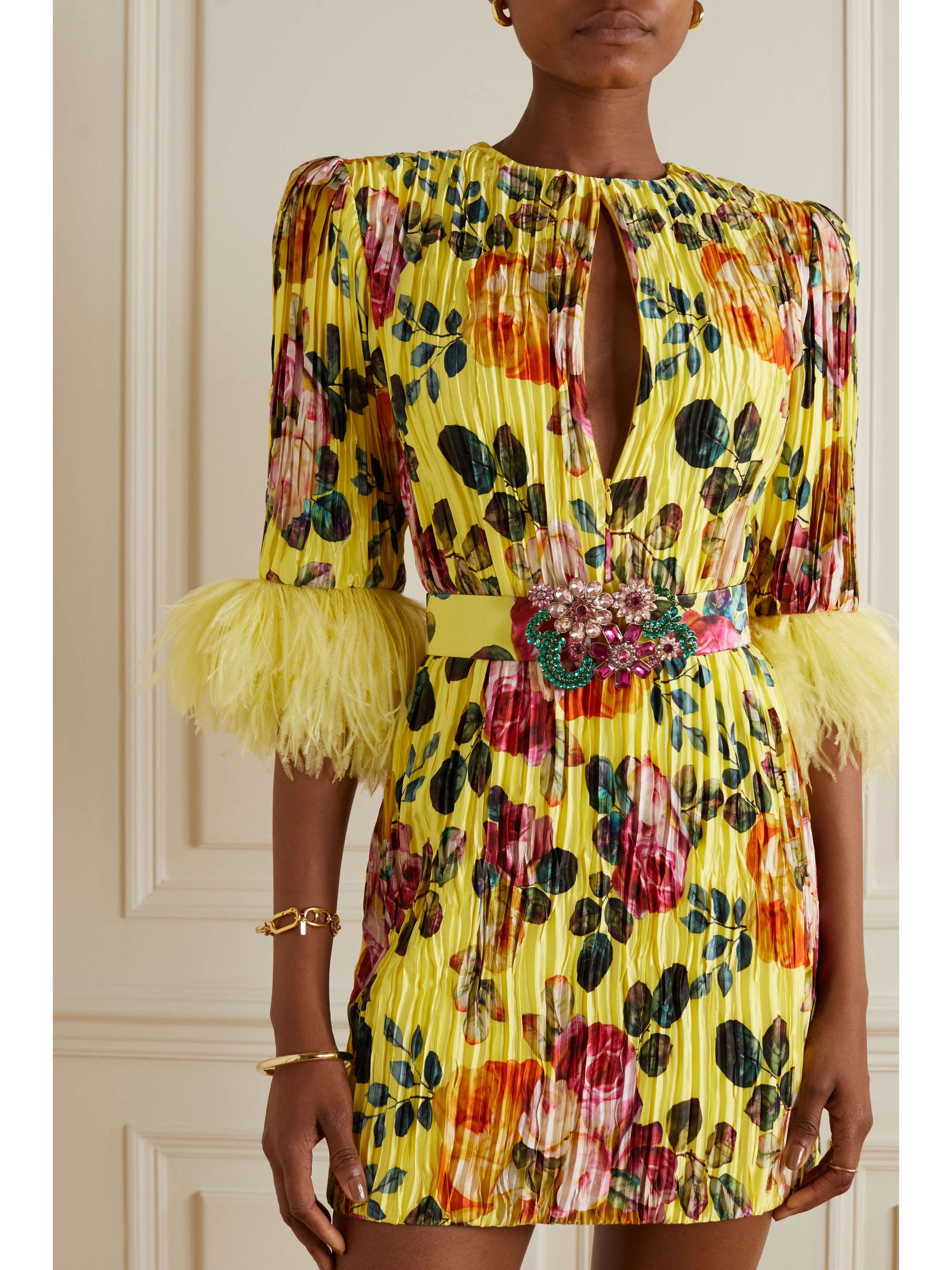 ANDREW GN Feather-trimmed floral-print plissé silk-satin mini dress |  NET-A-PORTER