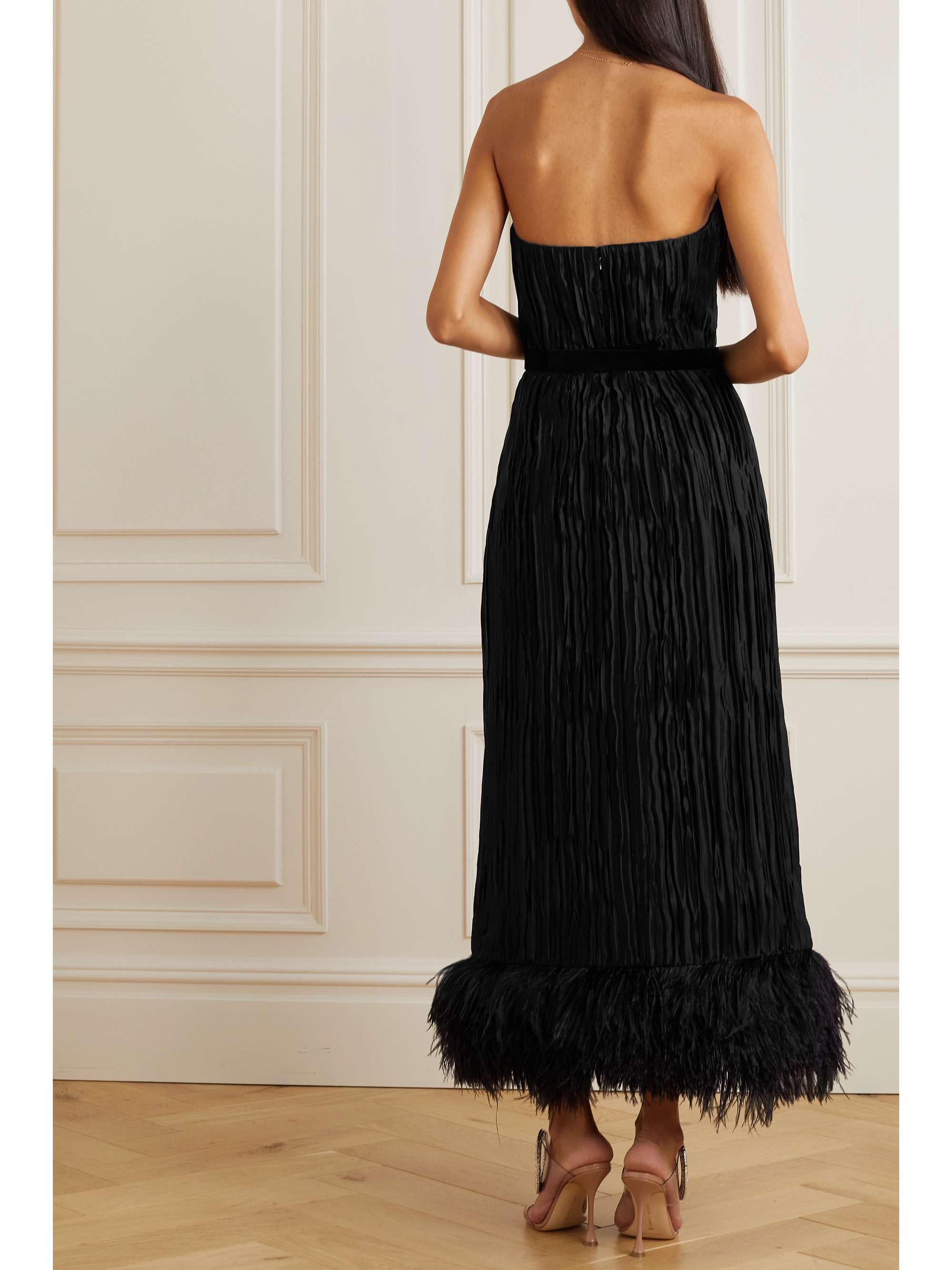 ANDREW GN Strapless feather-trimmed pleated silk-satin maxi dress