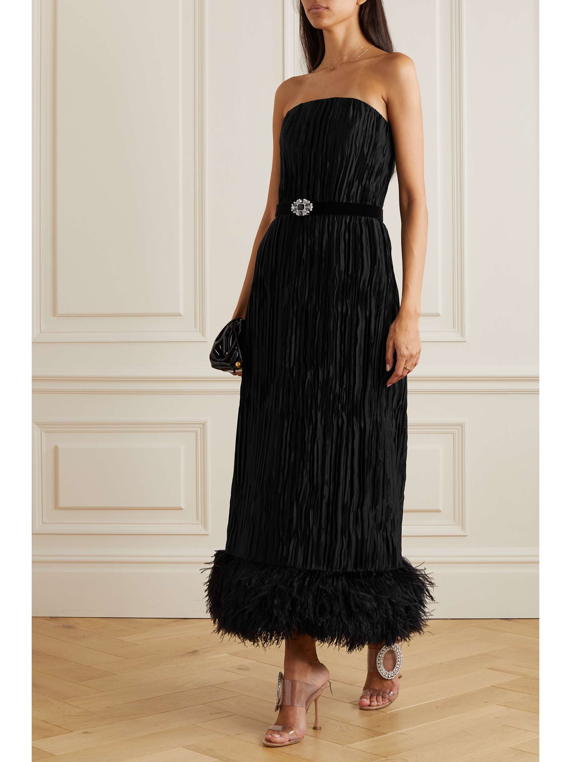 Andrew GN - Strapless Feather-trimmed Pleated Silk-satin Maxi Dress - Black - FR40 - Net A Porter