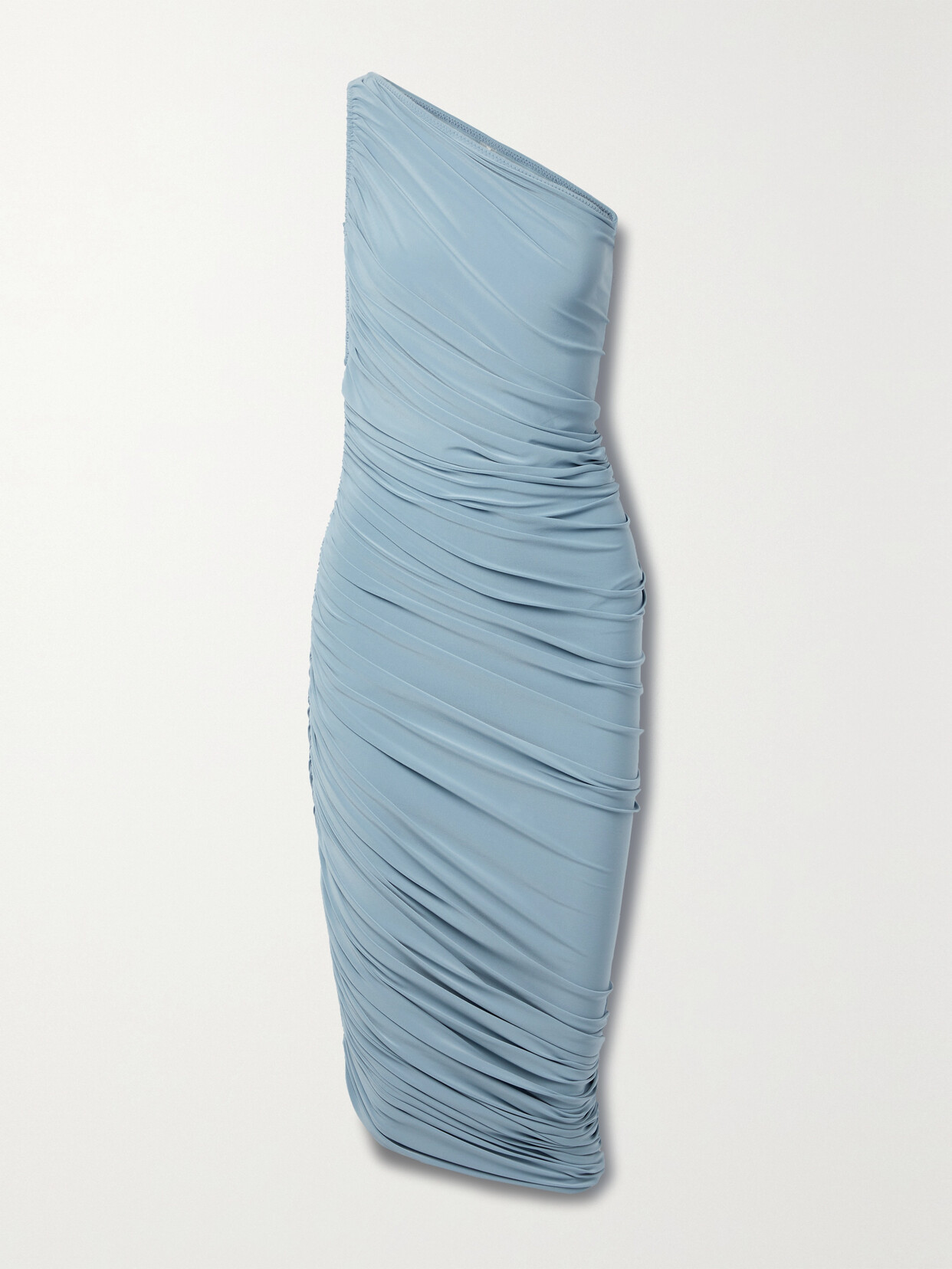 Shop Norma Kamali Diana One-shoulder Ruched Stretch-jersey Midi Dress In Blue