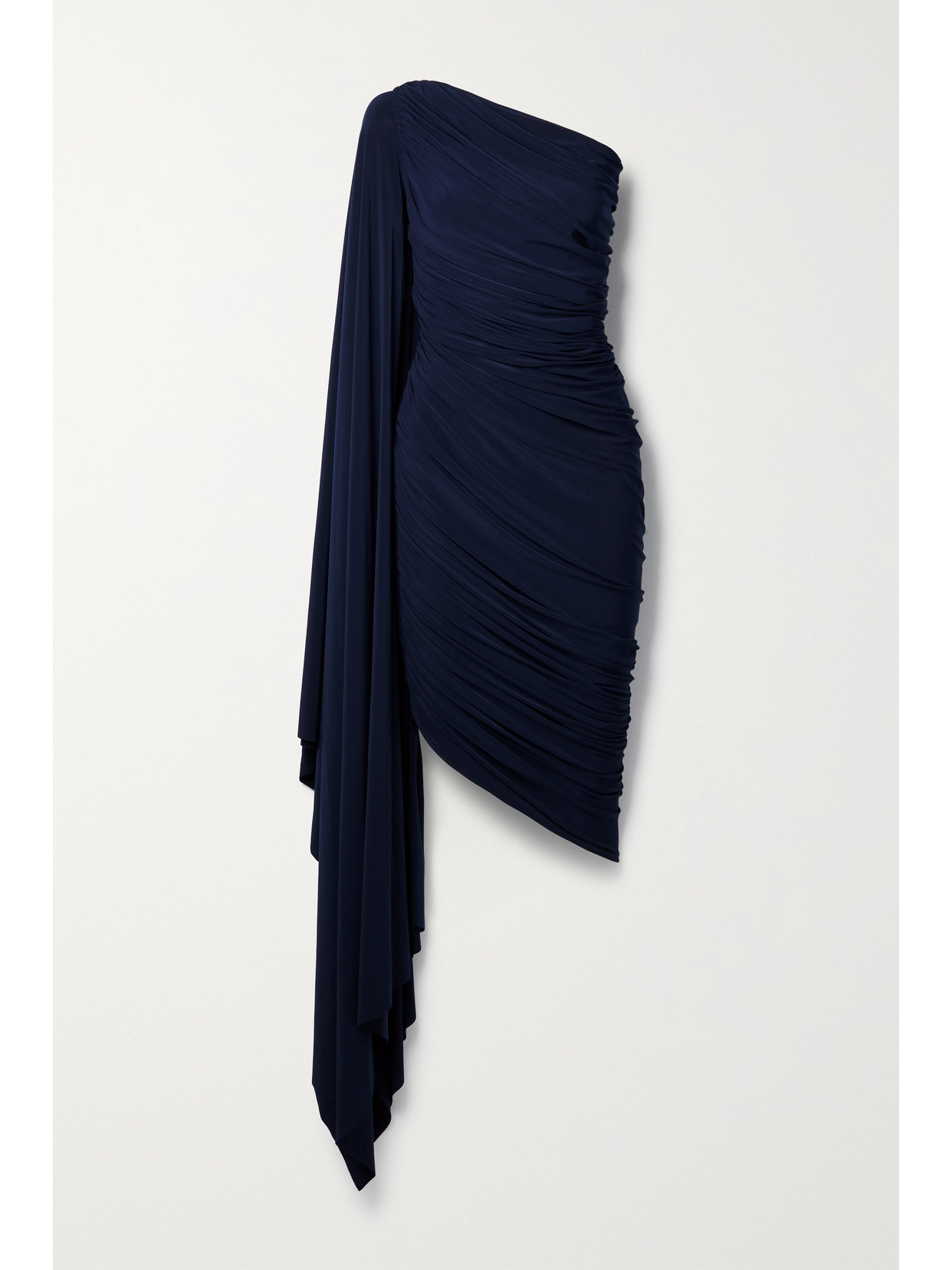 Norma Kamali Diana One-sleeve Draped Ruched Stretch-jersey Dress In Blue