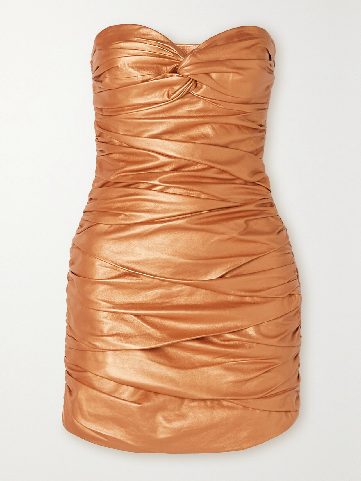Zeynep Arcay Strapless Ruched Metallic Leather Mini Dress In Gold