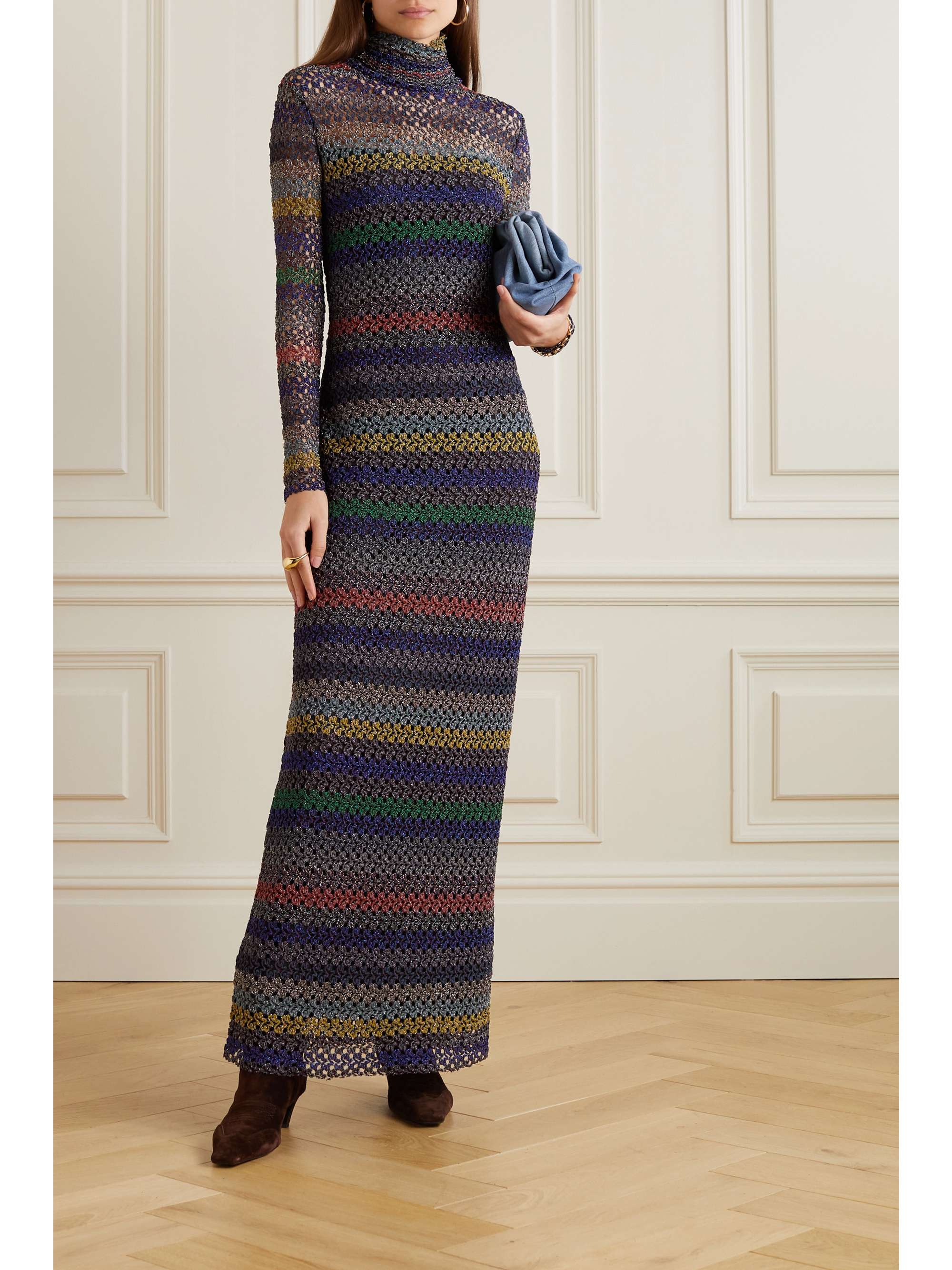 MISSONI Open-back metallic crochet-knit maxi dress