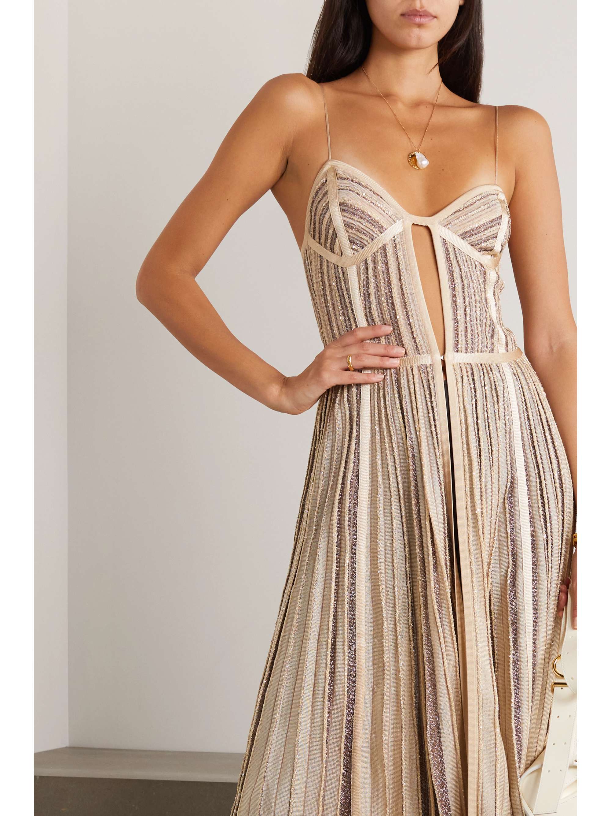 MISSONI Sequin-embellished striped metallic knitted maxi dress