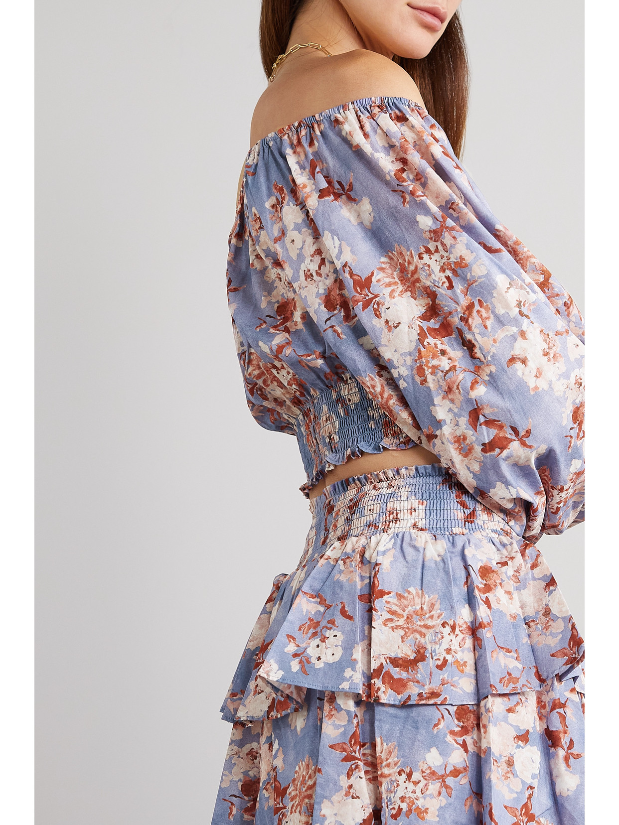 Caroline Constas Cornelia Cropped Off-the-shoulder Floral-print Cotton-voile Top In Blue