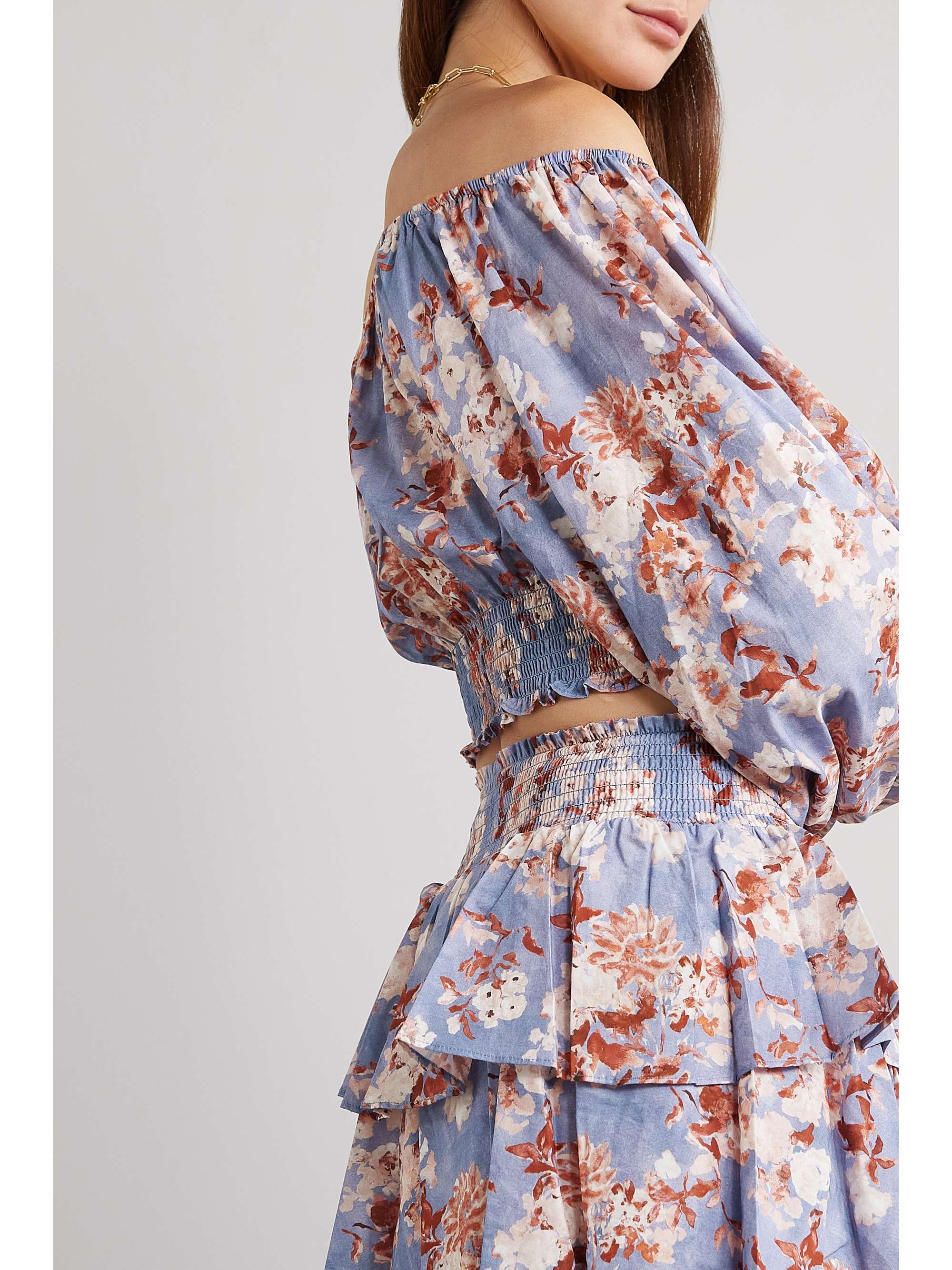 CAROLINE CONSTAS Cornelia cropped off-the-shoulder floral-print cotton-voile top
