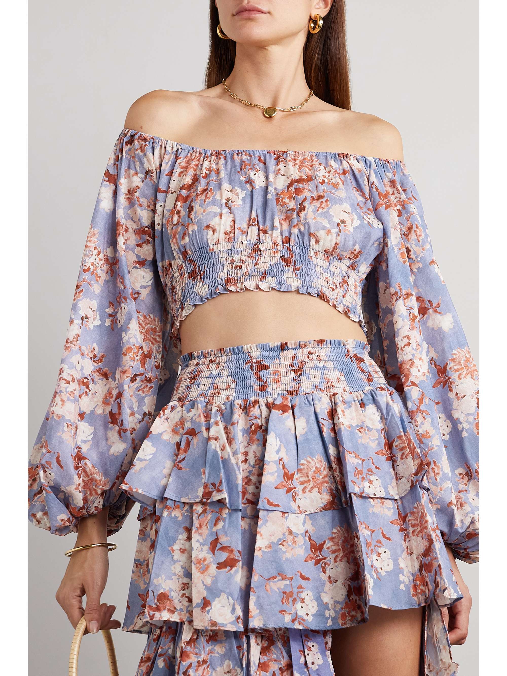 CAROLINE CONSTAS Cornelia cropped off-the-shoulder floral-print cotton-voile top