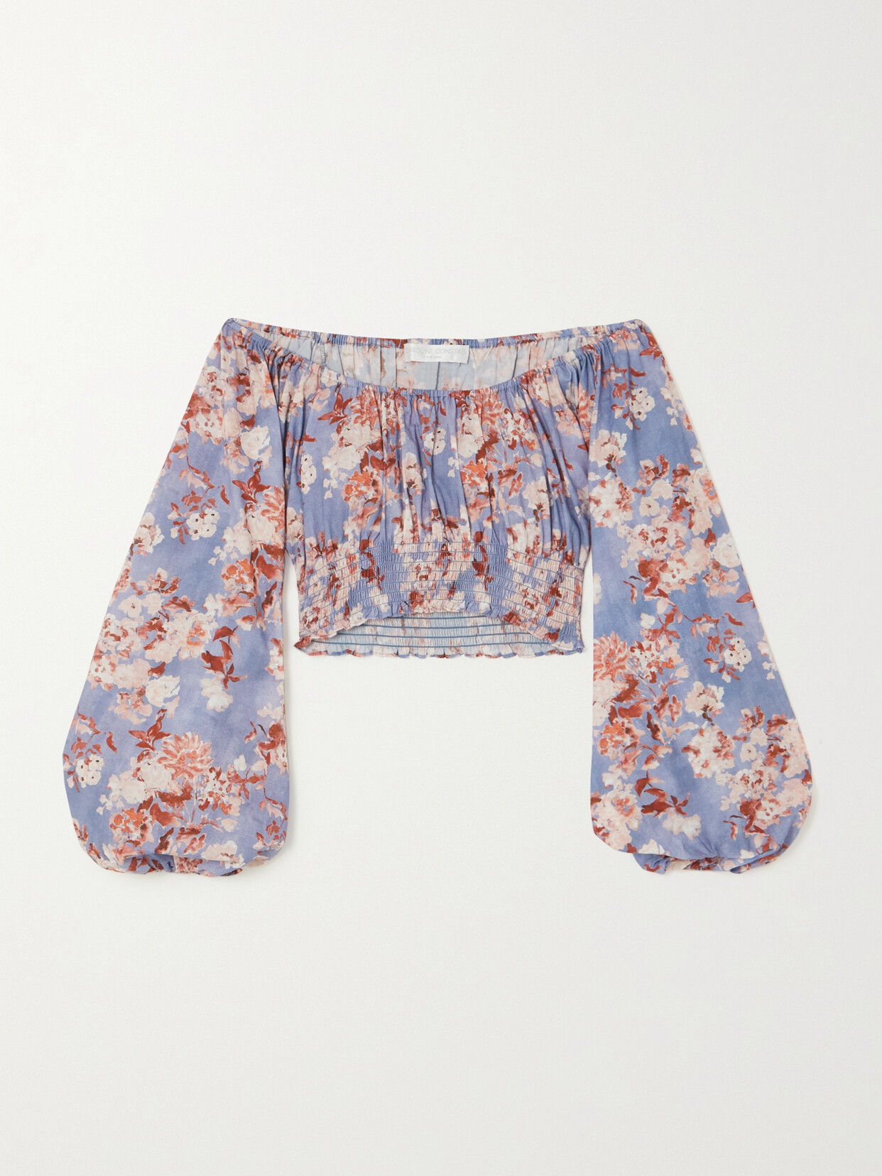Caroline Constas Cornelia Cropped Off-the-shoulder Floral-print Cotton-voile Top In Blue