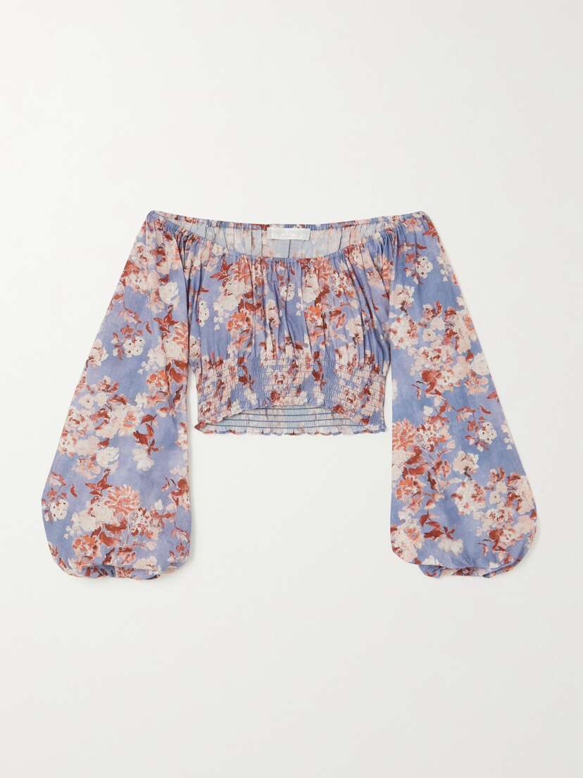 CAROLINE CONSTAS Cornelia Cropped Off-the-shoulder Floral-print Cotton-voile Top