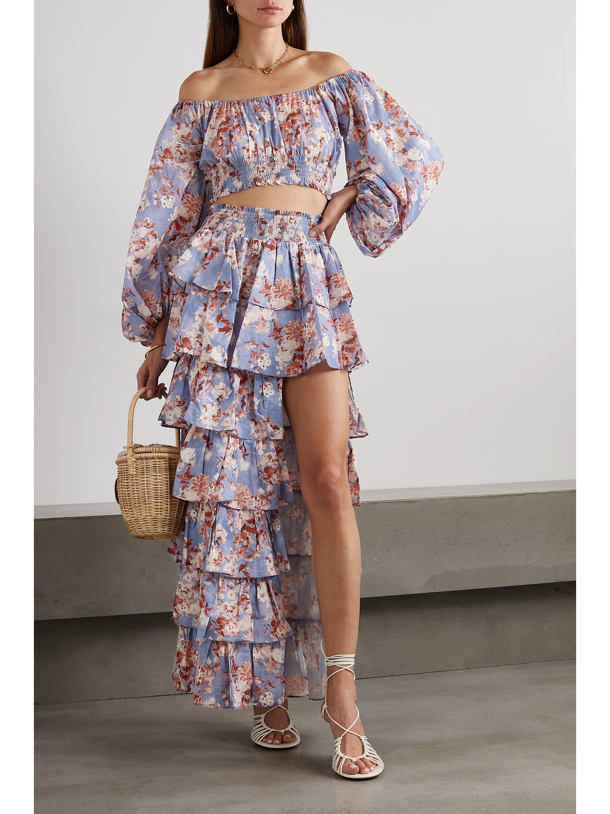 Caroline Constas Cornelia Cropped Off-the-shoulder Floral-print Cotton-voile Top In Blue