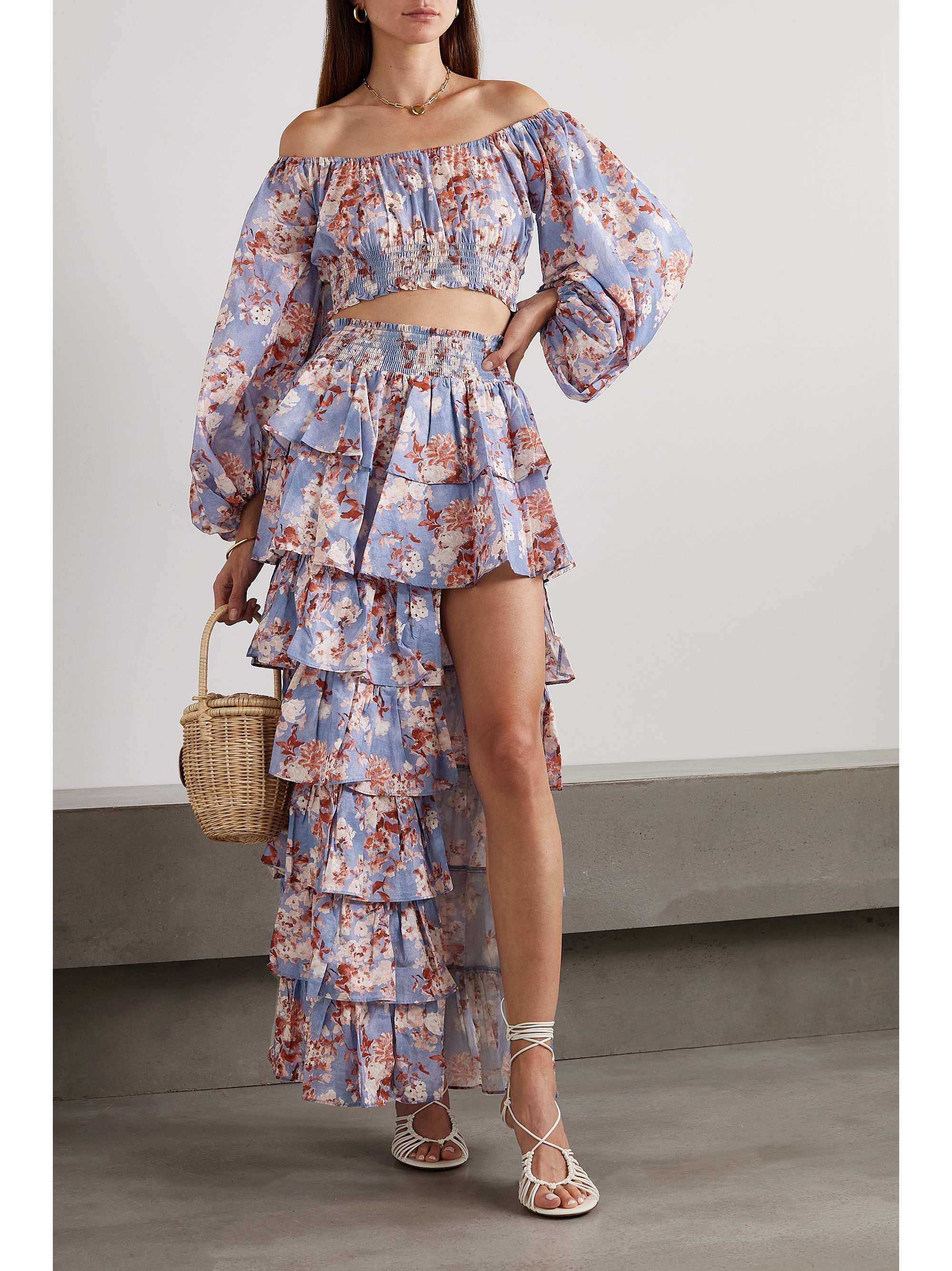 CAROLINE CONSTAS Cornelia cropped off-the-shoulder floral-print cotton-voile top