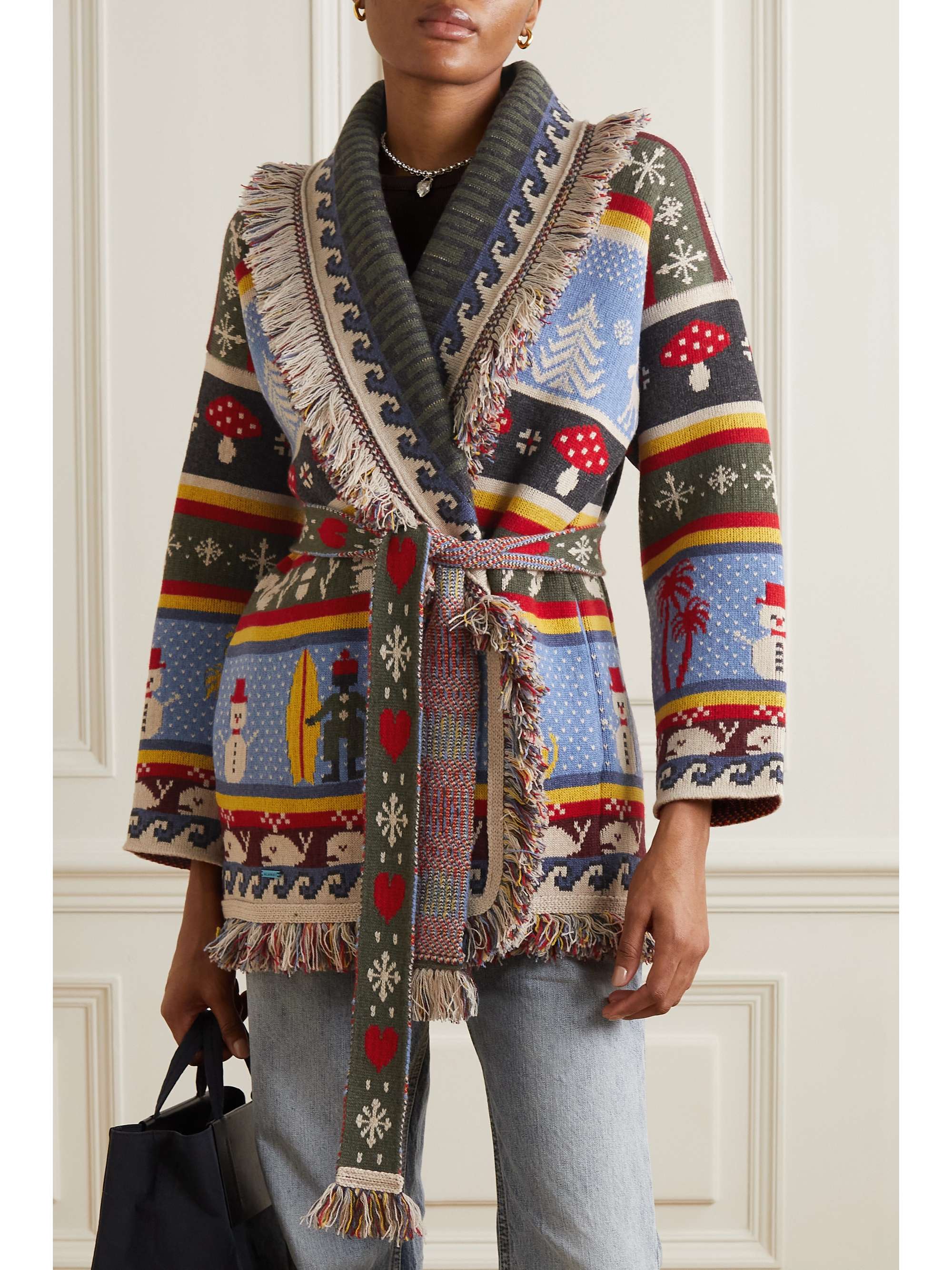 ALANUI Winter Friends belted jacquard-knit cashmere and wool-blend cardigan