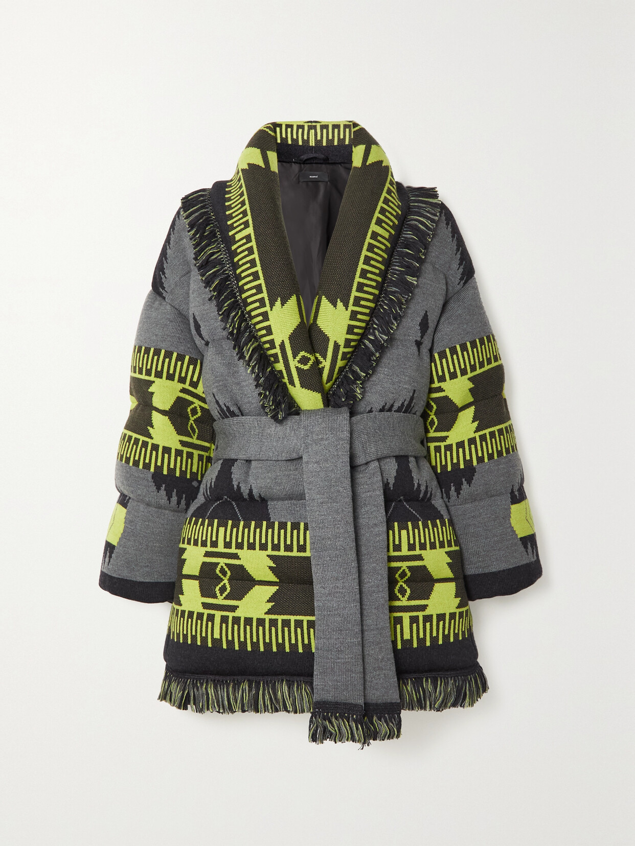 ALANUI ICON BELTED FRINGED QUILTED WOOL-JACQUARD DOWN JACKET