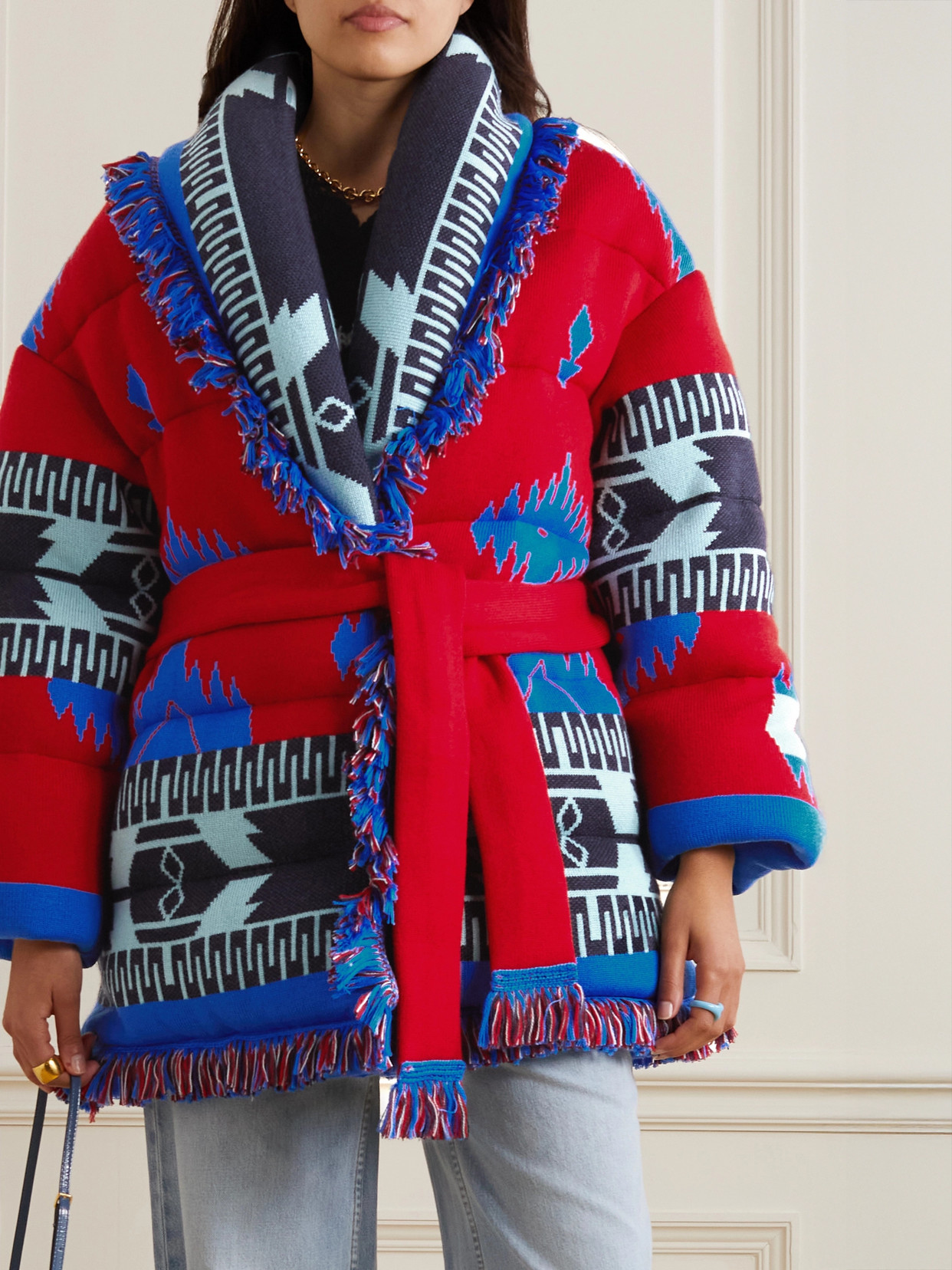 Icon Belted Fringed Quilted Wool-Jacquard Down Jacket