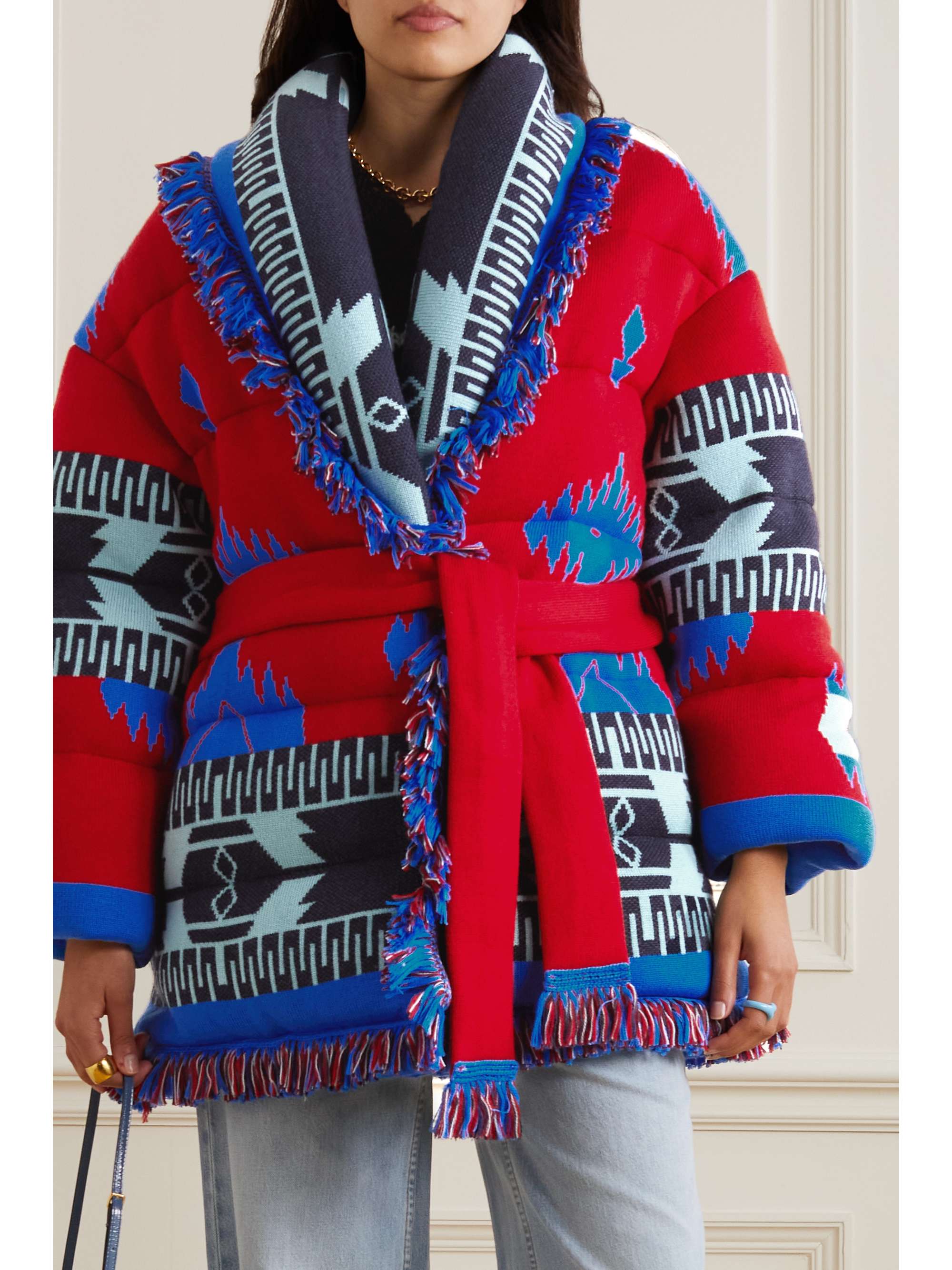ALANUI Icon belted fringed quilted wool-jacquard down jacket