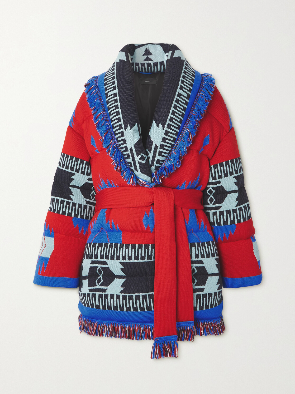 Alanui Icon Belted Fringed Quilted Wool-jacquard Down Jacket In Red
