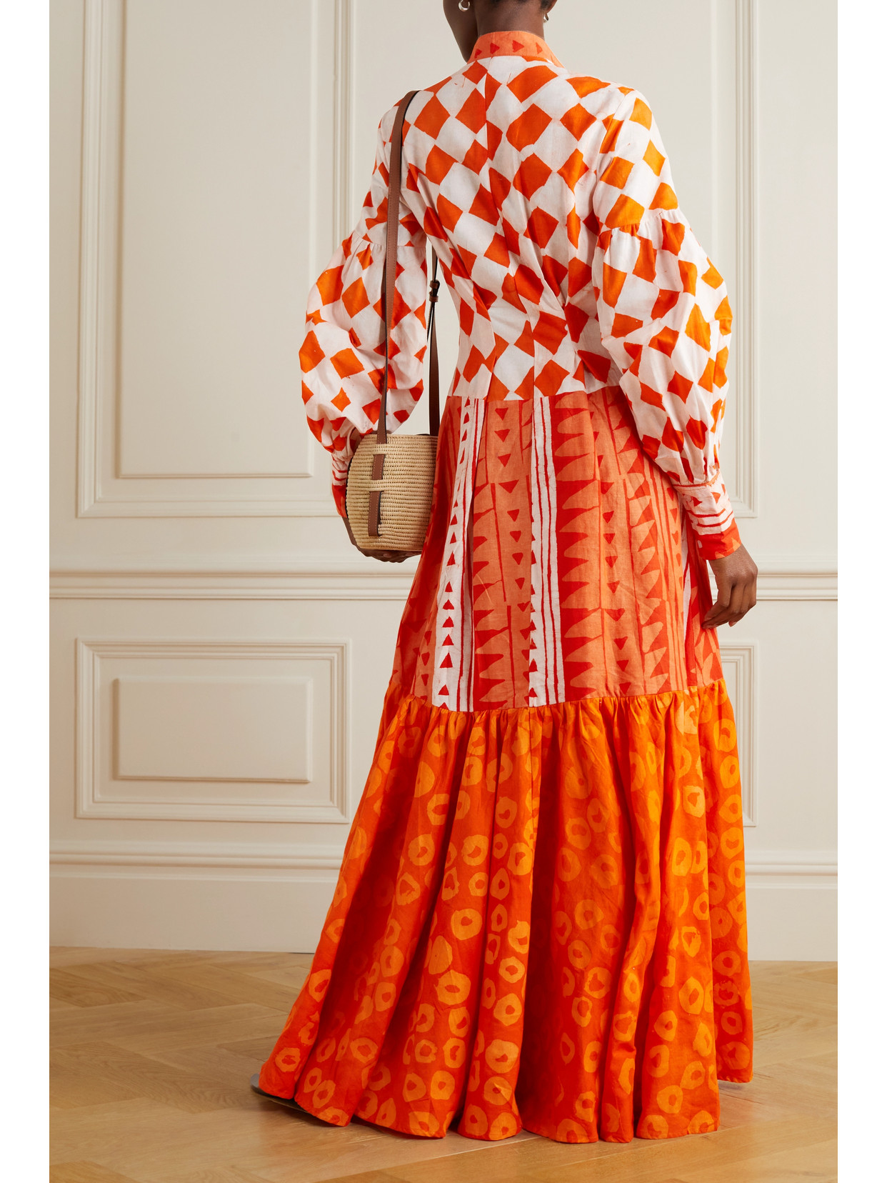 Orange Mixed-print Cotton Hand-batik Maxi Blouson Sleeve Shirt Dress