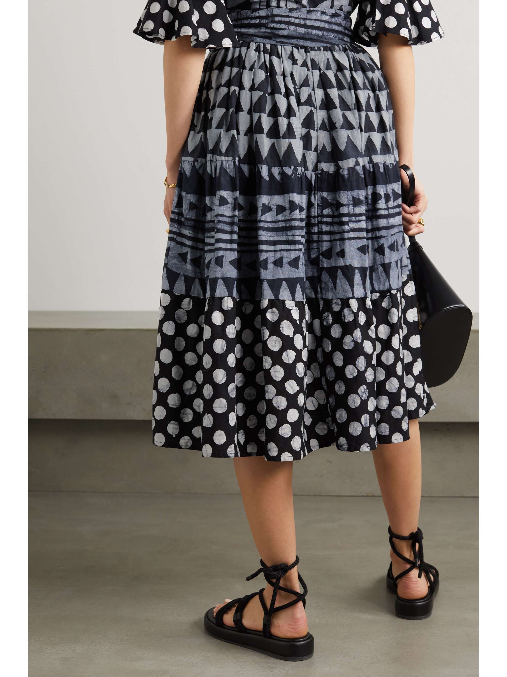 STUDIO 189 Belted tiered printed cotton midi skirt
