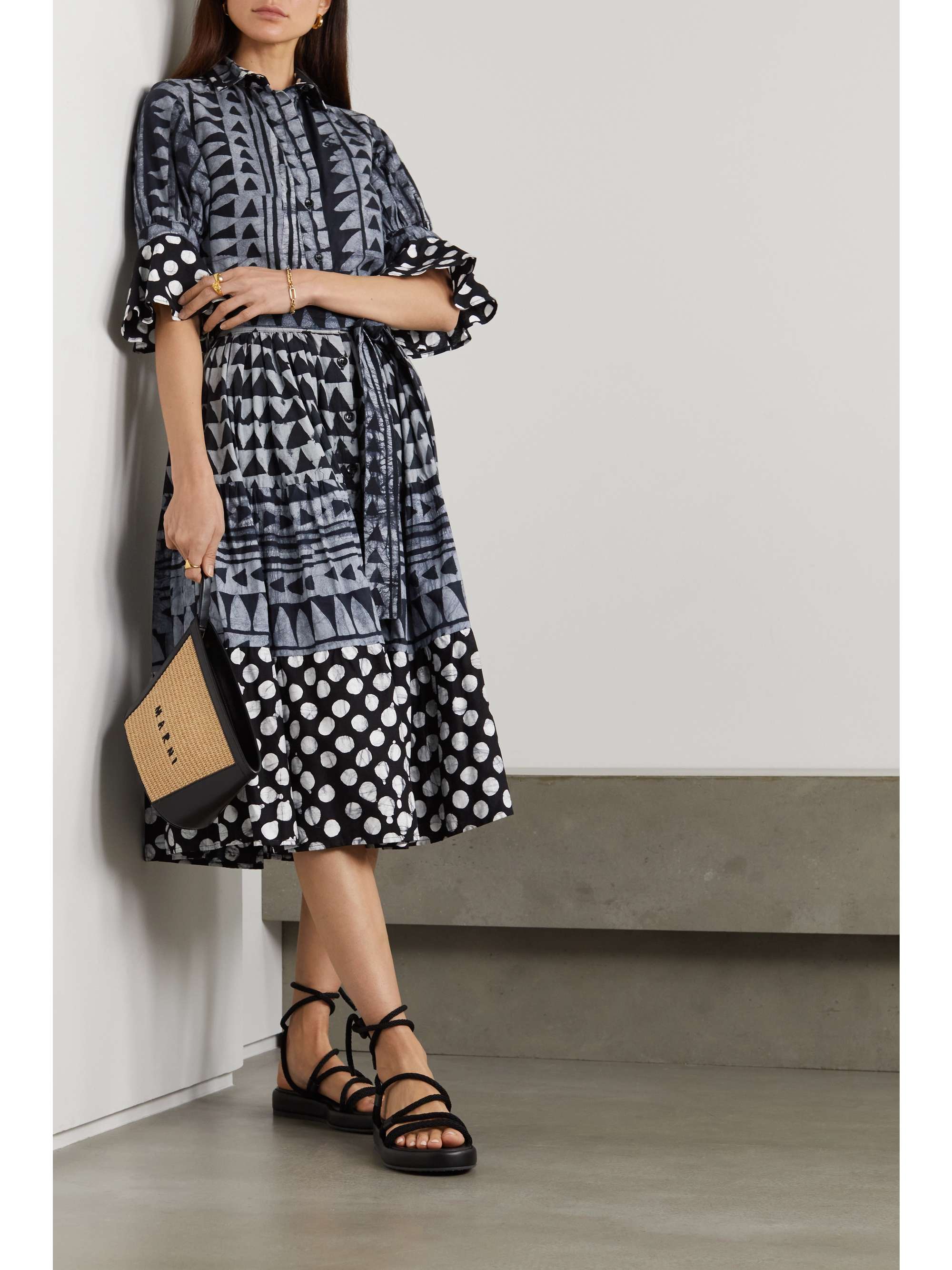 STUDIO 189 Belted tiered printed cotton midi skirt