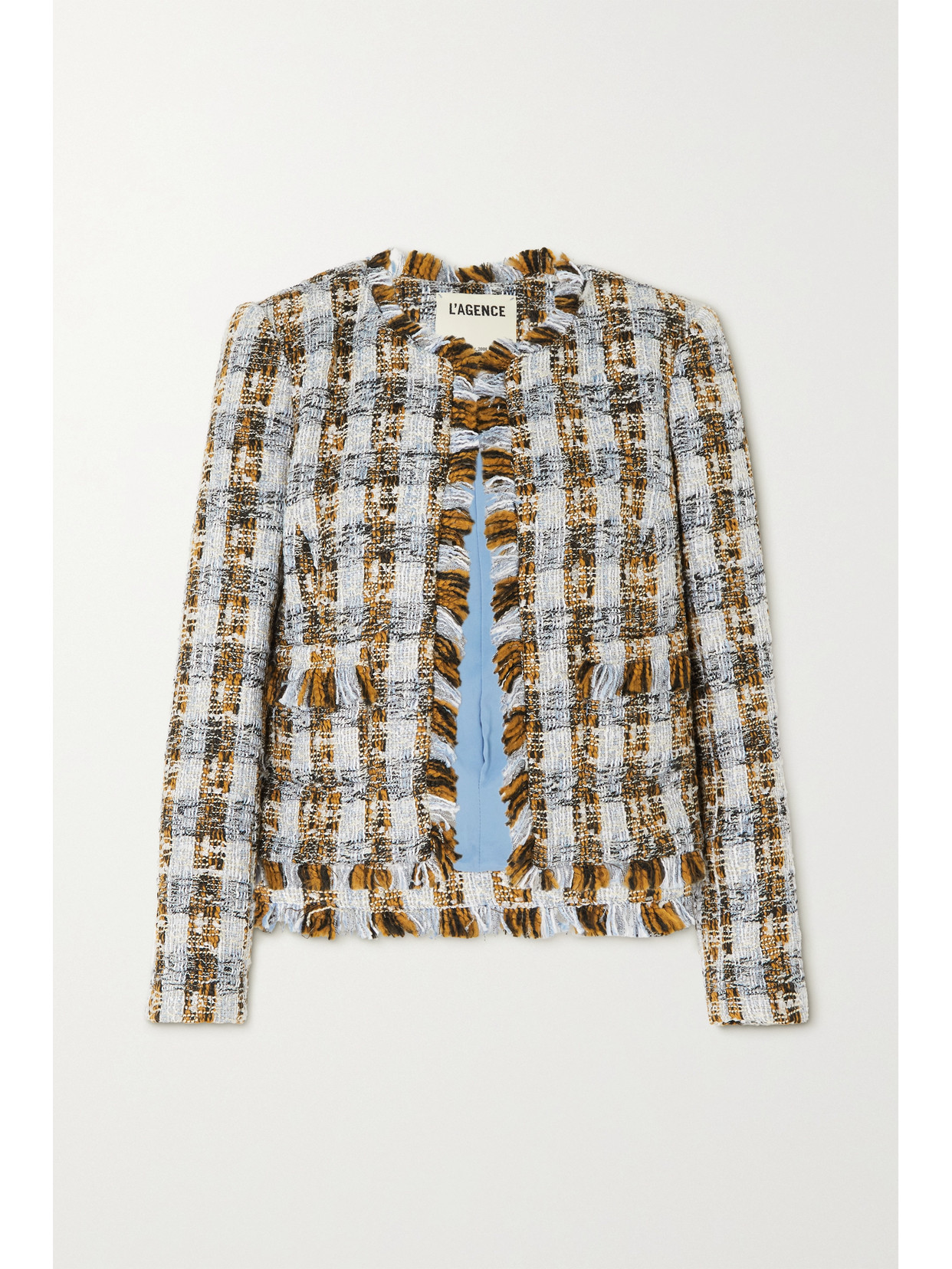 L Agence Angelina Fringed Tweed Blazer In Blue